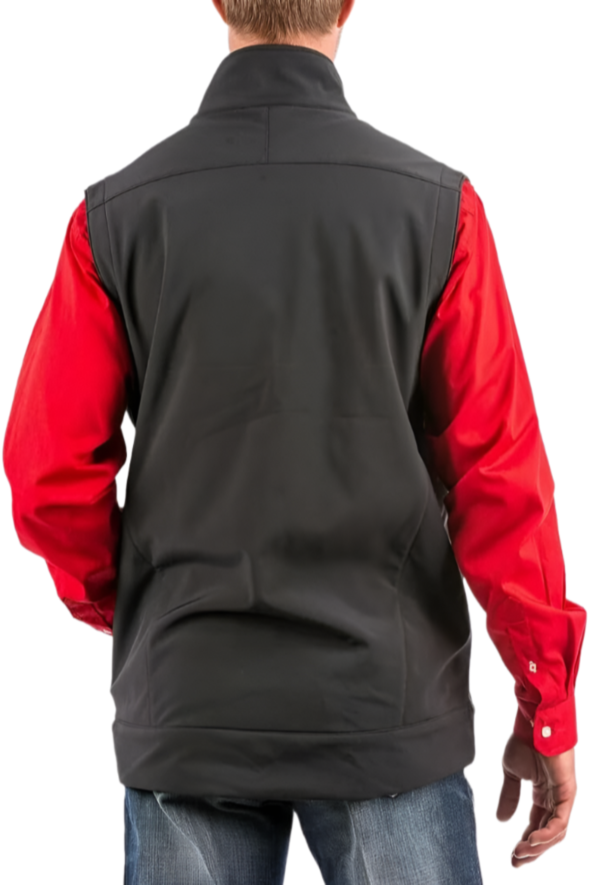 Back view of men’s black Cinch softshell vest paired with a red long sleeve shirt