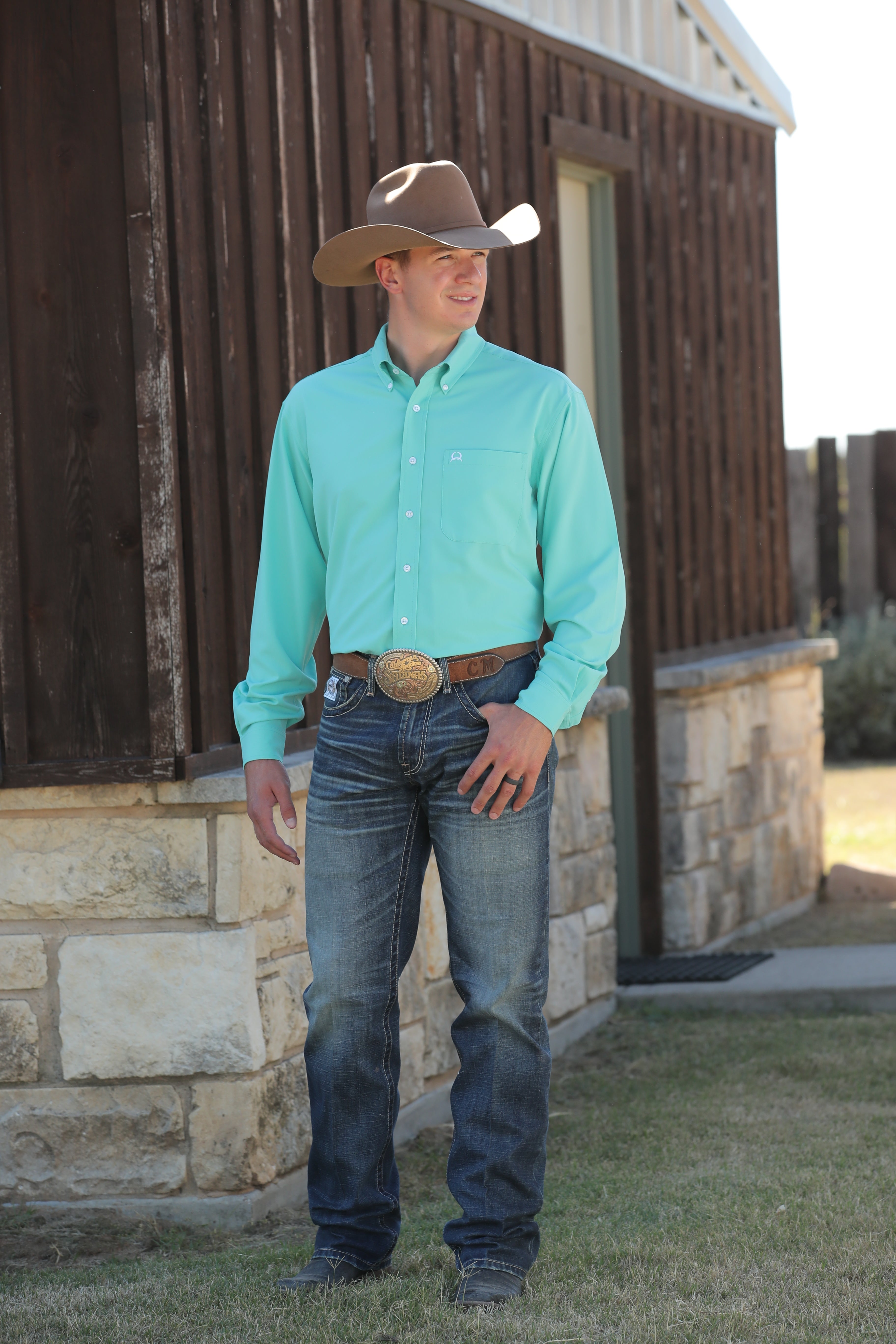 Arenaflex Men's by Cinch Button Down in Light Blue Turquoise. Quick dry and cooling button down ranch shirt for men.
