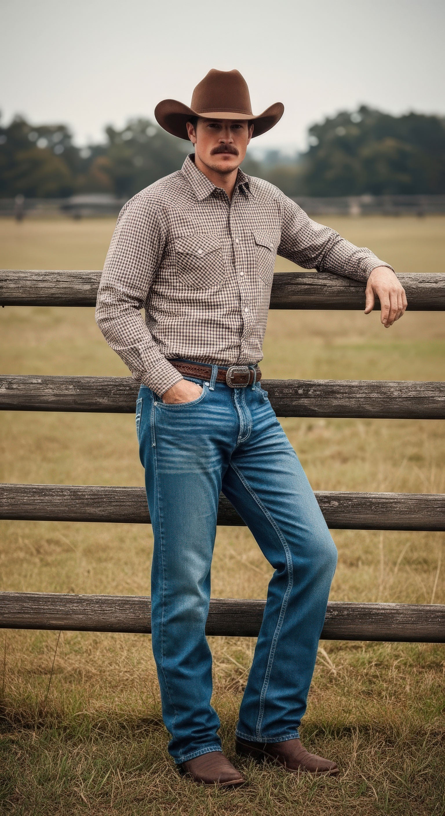 Man standing outside, leaning against a fence, wearing jeans, brown boots, a buttoned shirt with a western belt and cowboy hat