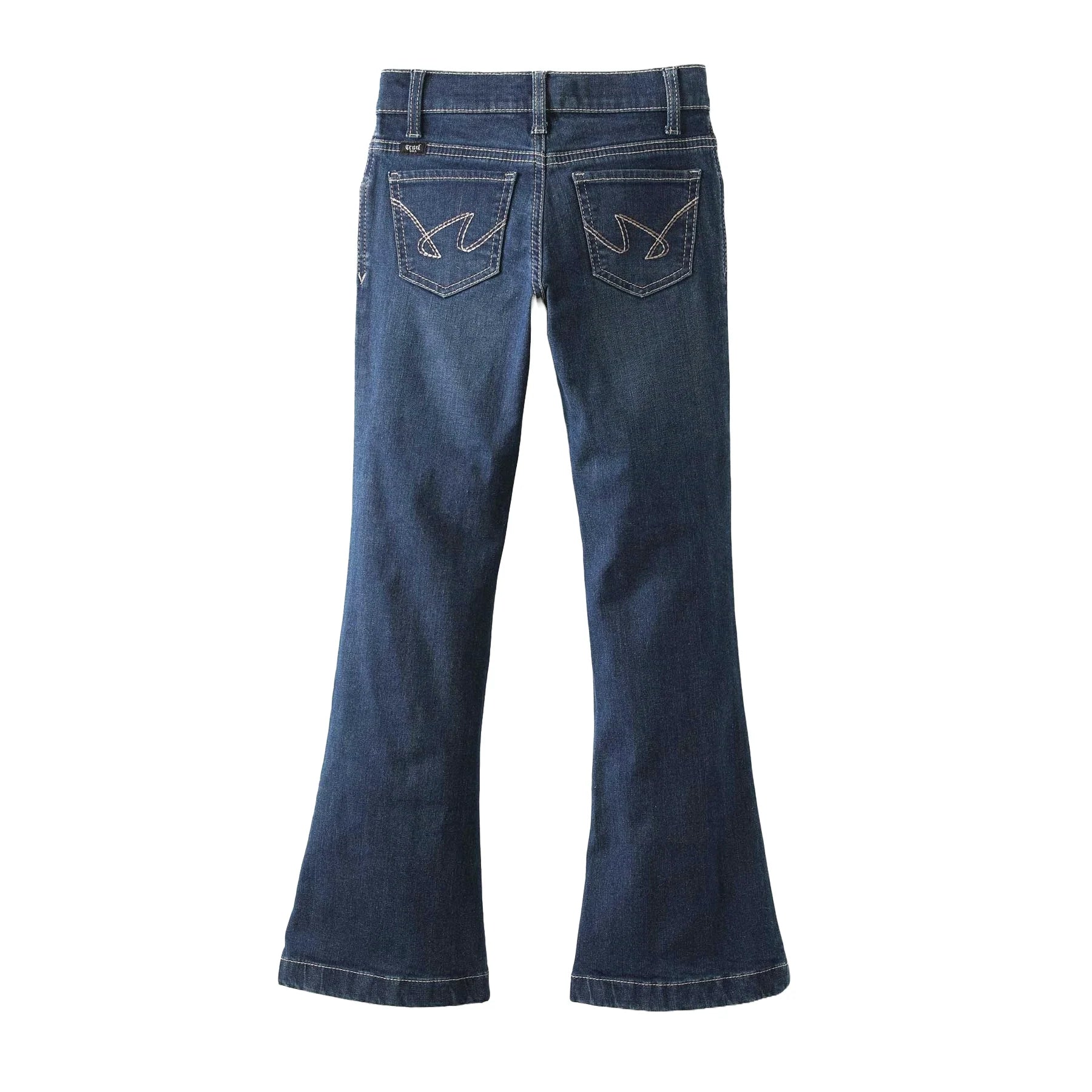 Back view of boy's dark denim jeans on a white background