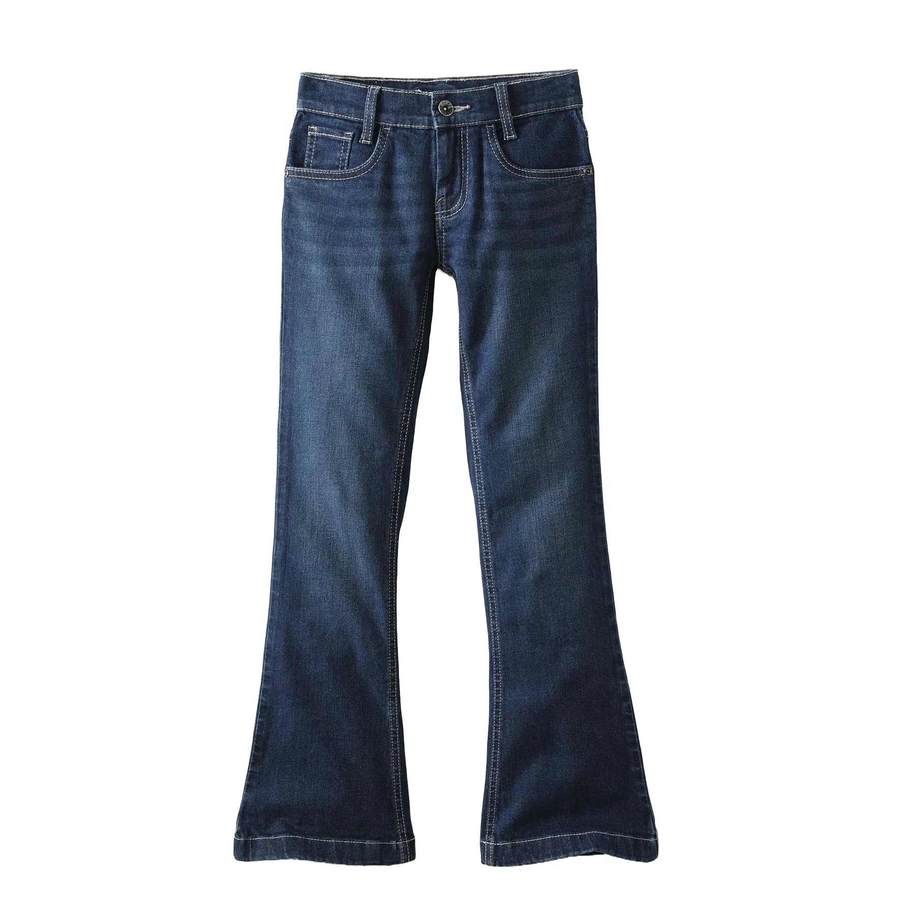 Front view of boy's dark denim jeans on a white background