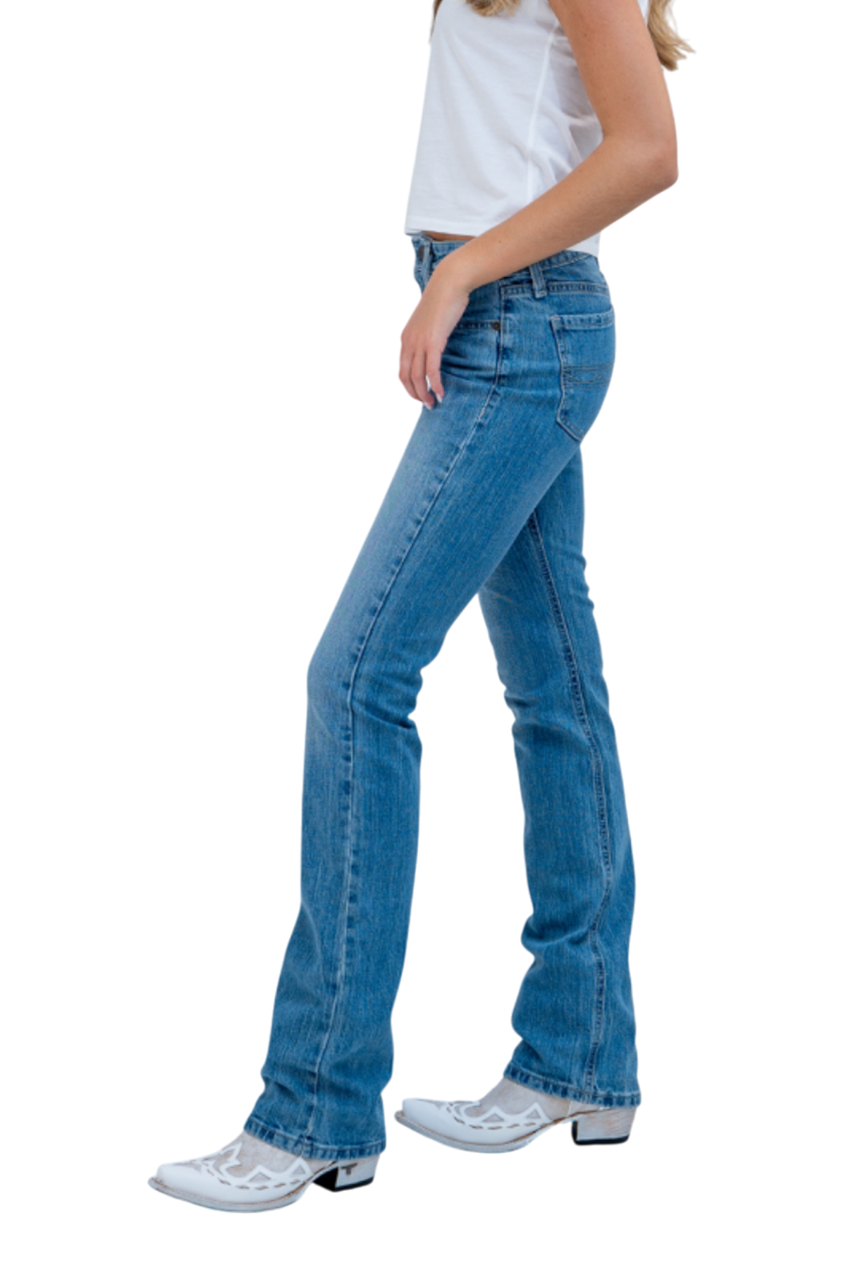 Blue jeans worn by a person on a white background