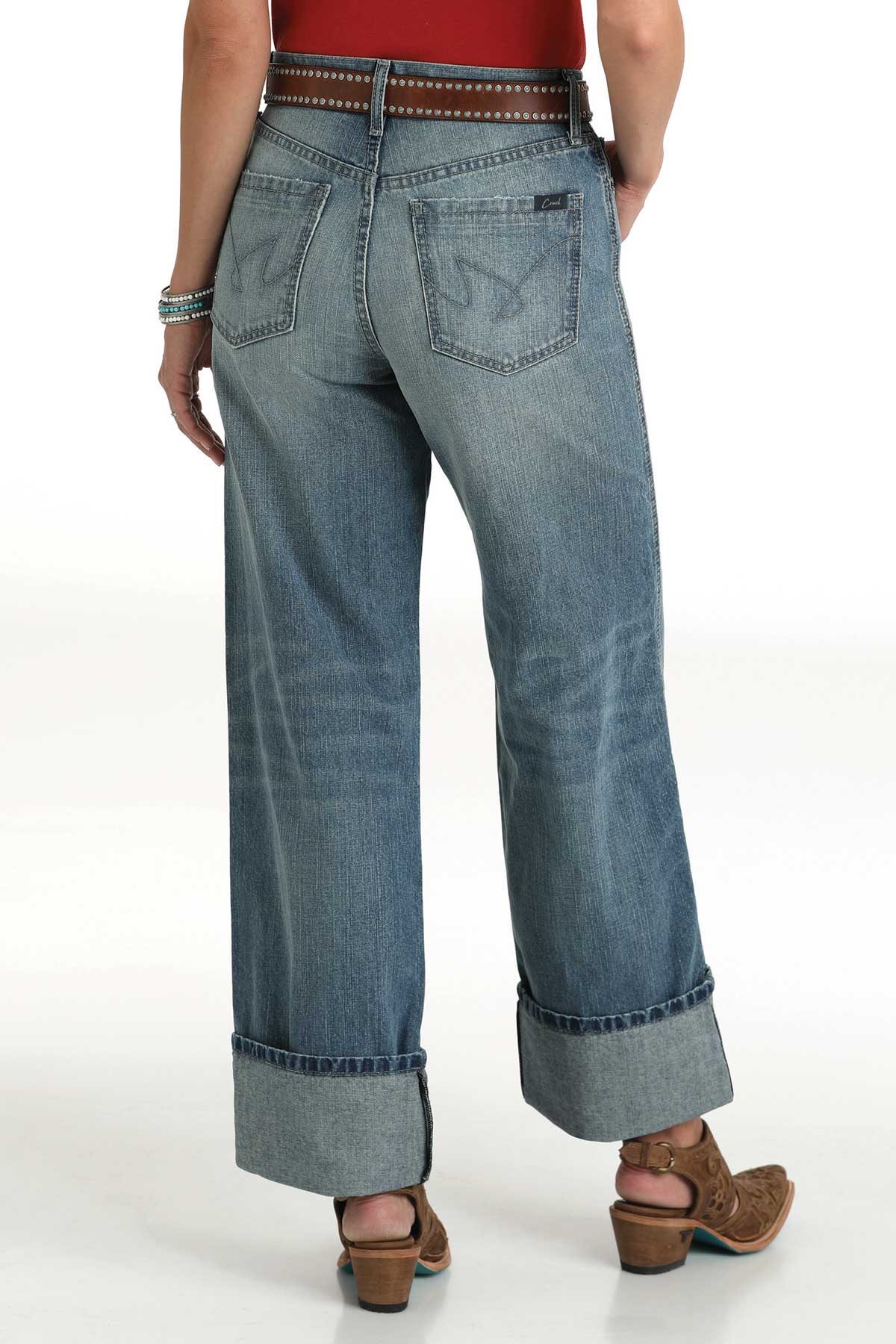 Back view of Cruel Ladies Quinn high-rise light wash jeans with wide cuffs