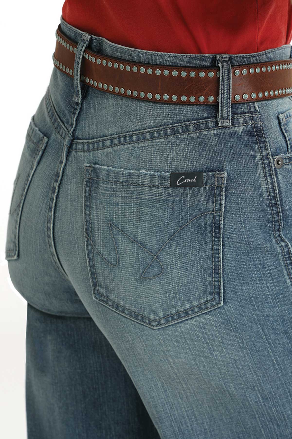 Close-up of back pockets and waistband on Cruel Ladies Quinn high-rise light wash jeans