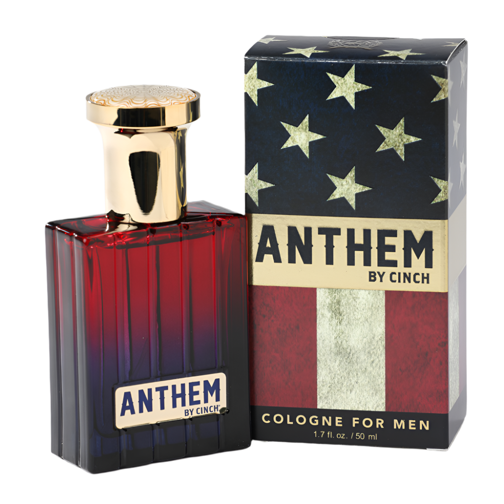 Cinch cologne for men in a red, white, and blue bottle and with American flag packaging
