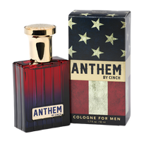 Cinch cologne for men in a red, white, and blue bottle and with American flag packaging