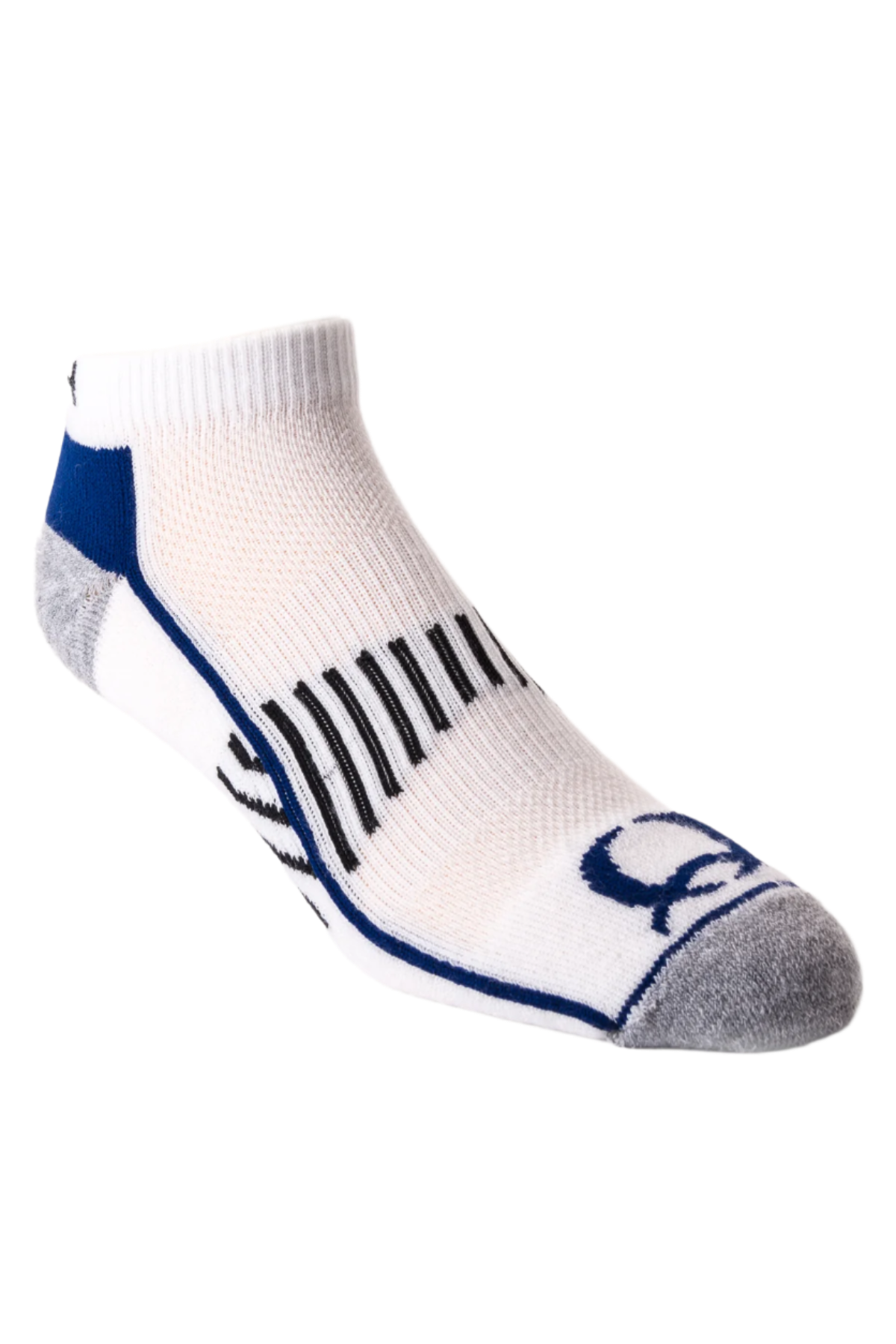 A pair of white Cinch athletic socks with blue accents and a visible logo on the side.