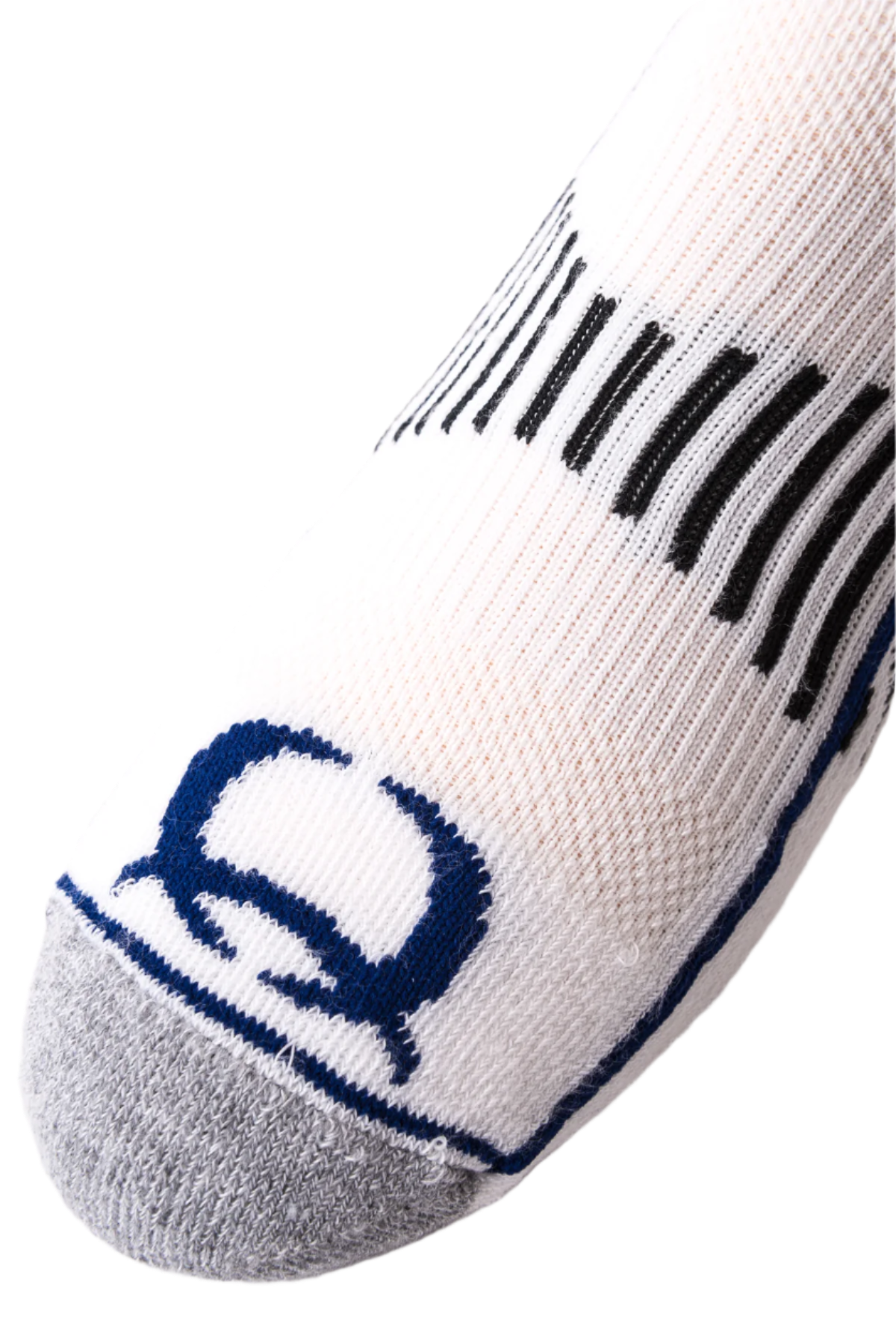 Close-up of the toe of white Cinch athletic socks with blue accents and a visible logo