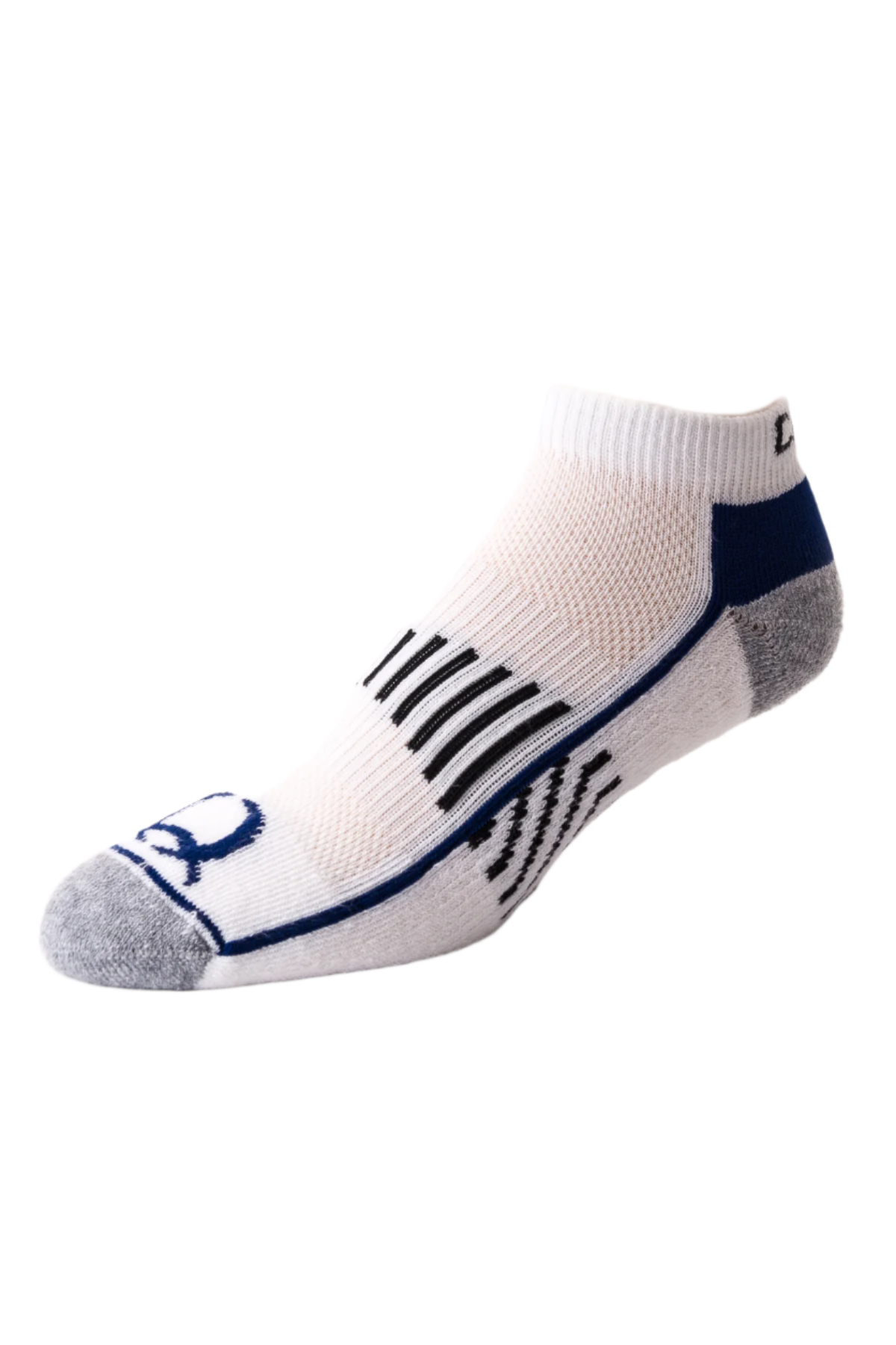A pair of white Cinch athletic socks with blue accents