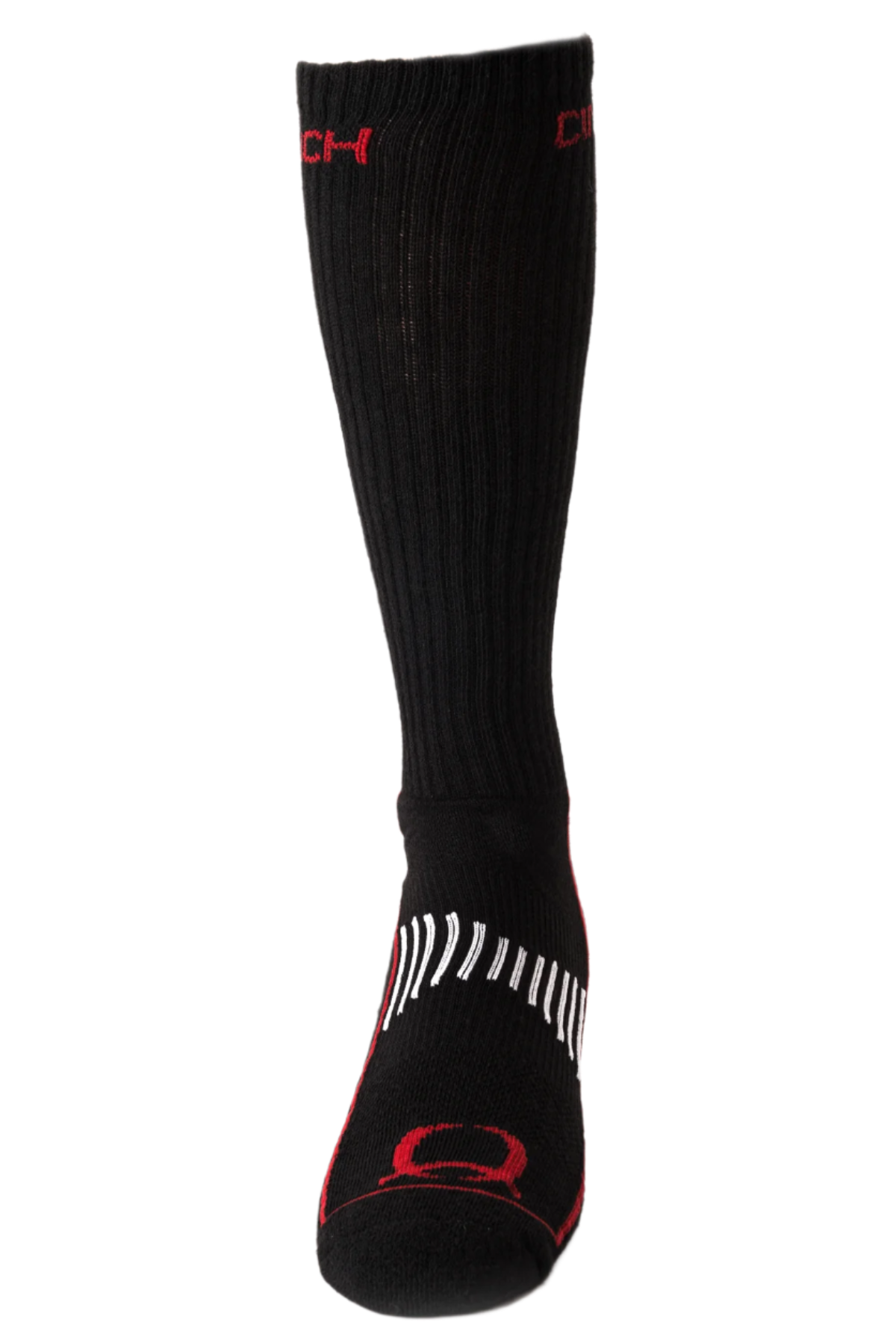 A pair of Cinch brand tall boot socks in black color with red accents and the Cinch logo visible on the upper part of the sock.