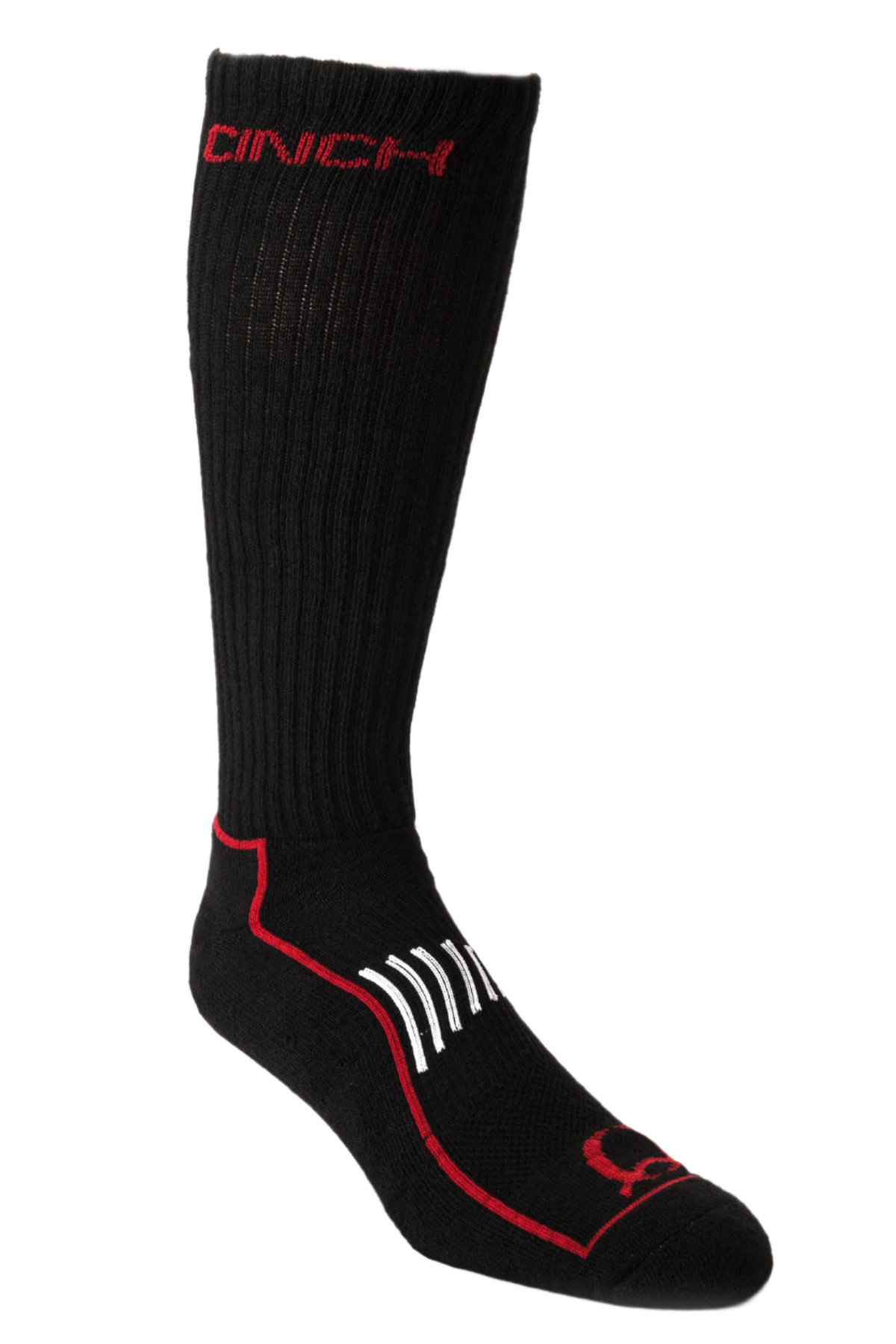 A pair of Cinch brand tall boot socks in black color with red accents and the Cinch logo visible on the upper part of the sock.