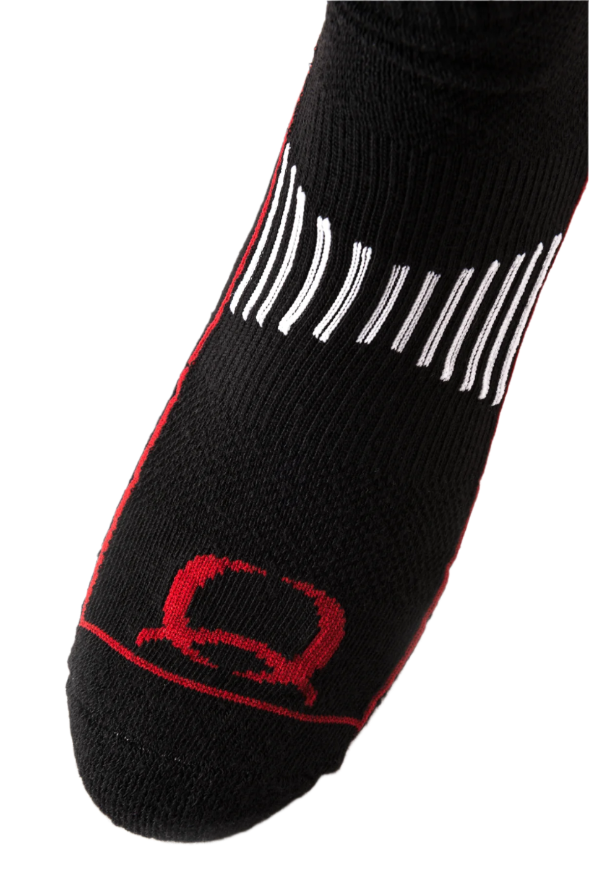 Toe-view of Cinch brand tall boot socks in black color with red accents and the Cinch logo