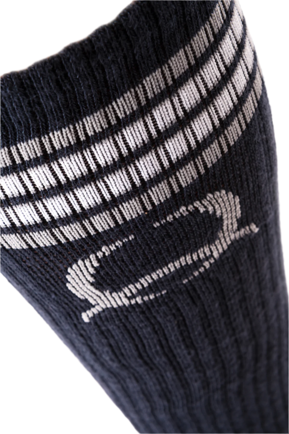 Close-up of navy blue Cinch tall boot socks with white stripes and the Cinch logo on the side.