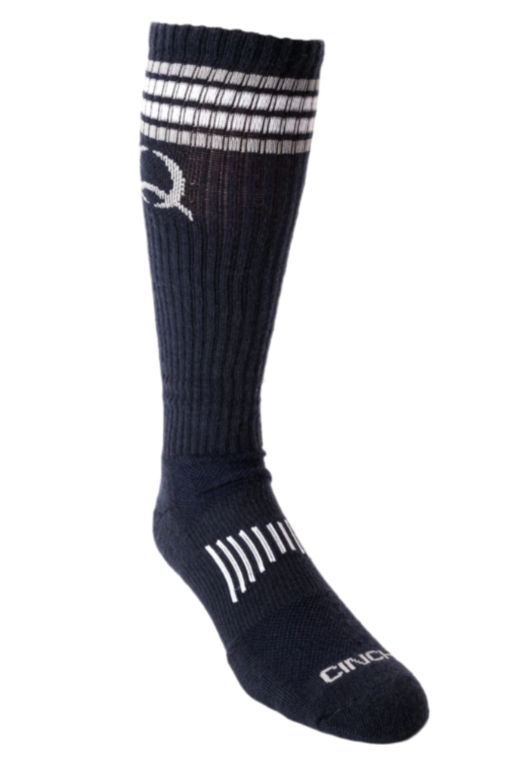 A pair of navy blue Cinch tall boot socks with white stripes and the Cinch logo on the side.