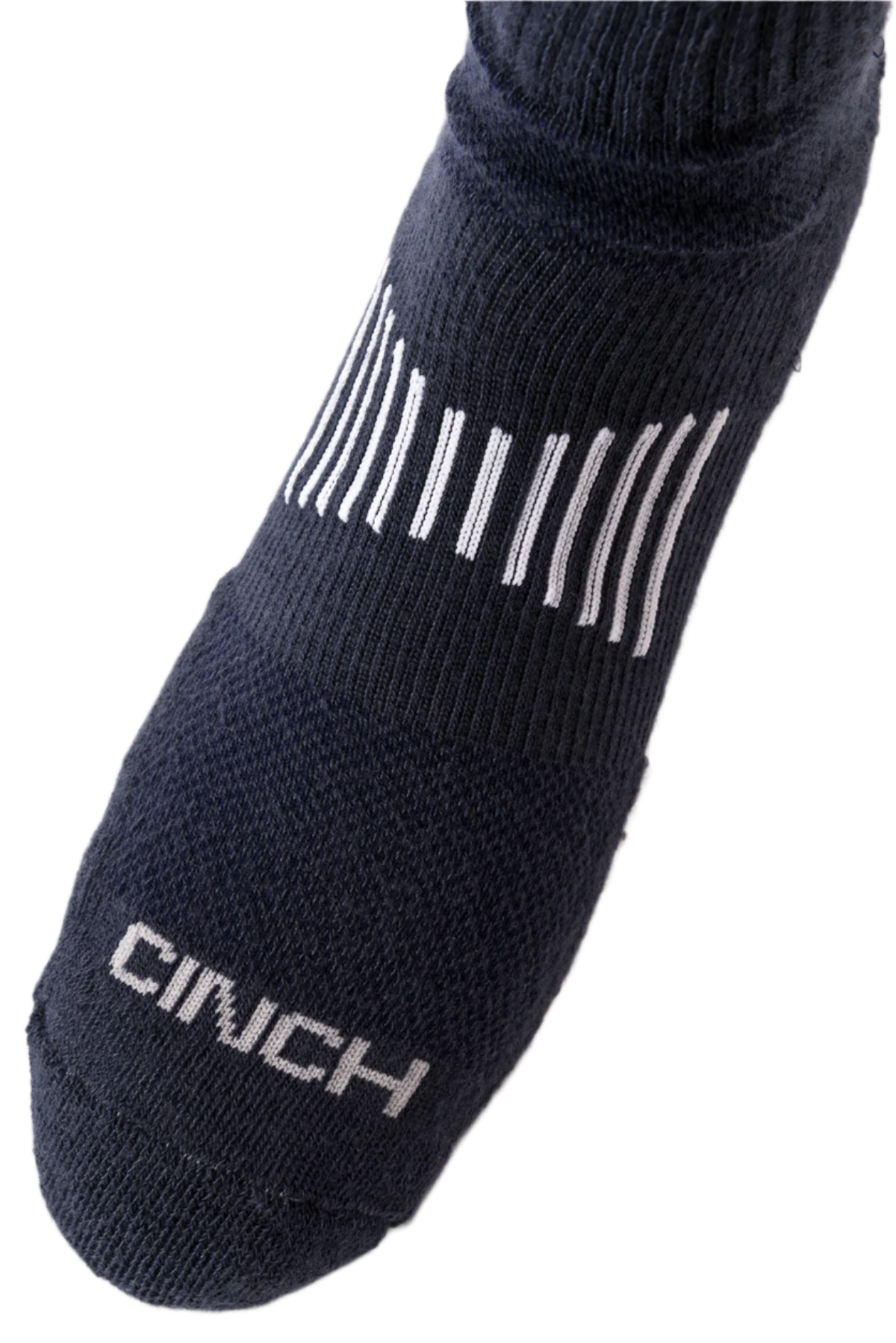 Toe-view of navy blue Cinch tall boot socks with white stripes and the Cinch logo