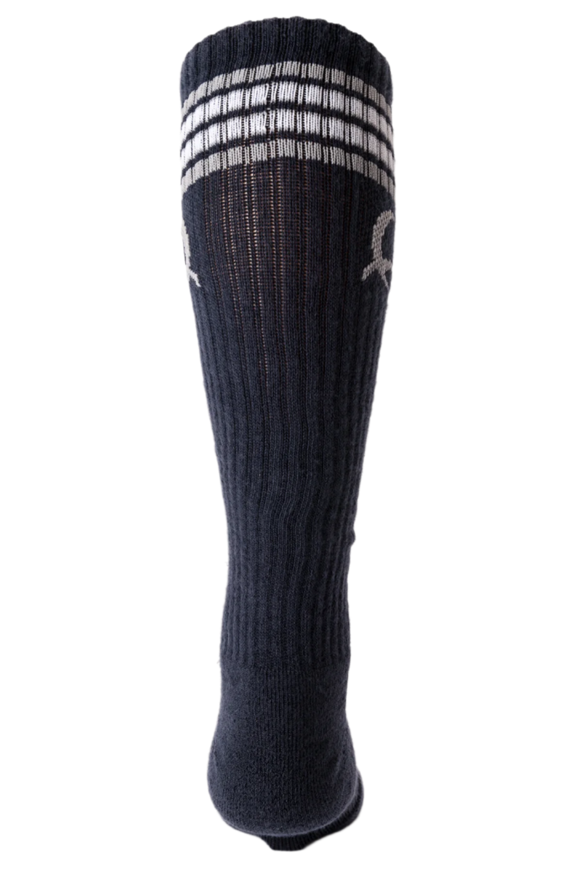 A pair of navy blue Cinch tall boot socks with white stripes and the Cinch logo on the side.