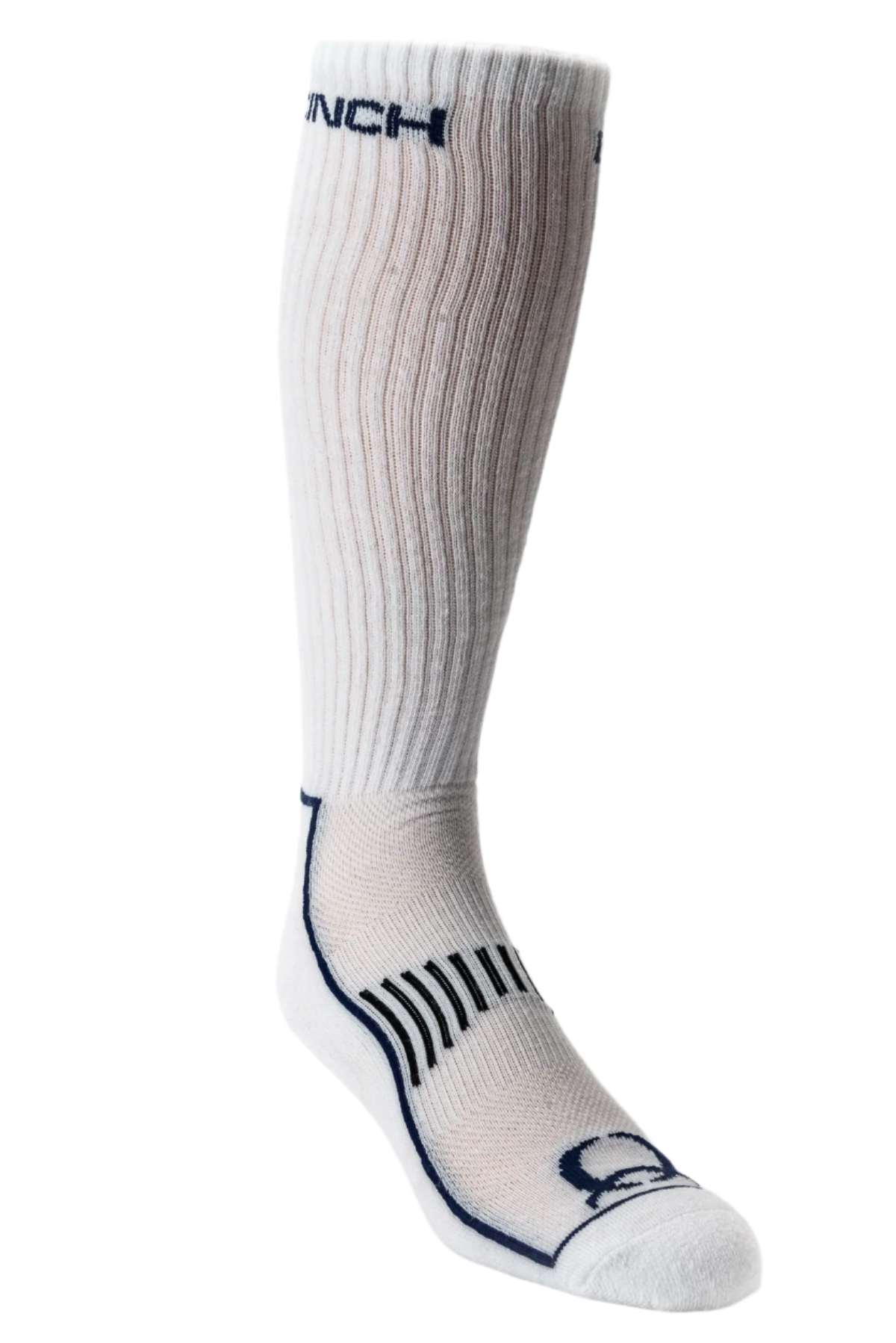 A pair of white Cinch tall boot socks with the brand's logo visible on the side.