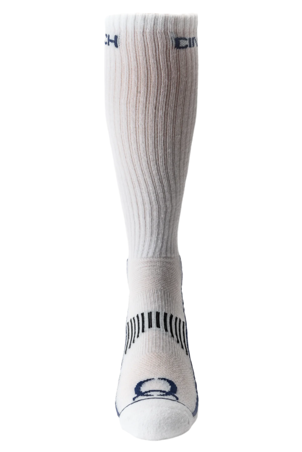 A pair of white Cinch tall boot socks with the brand's logo visible on the side.