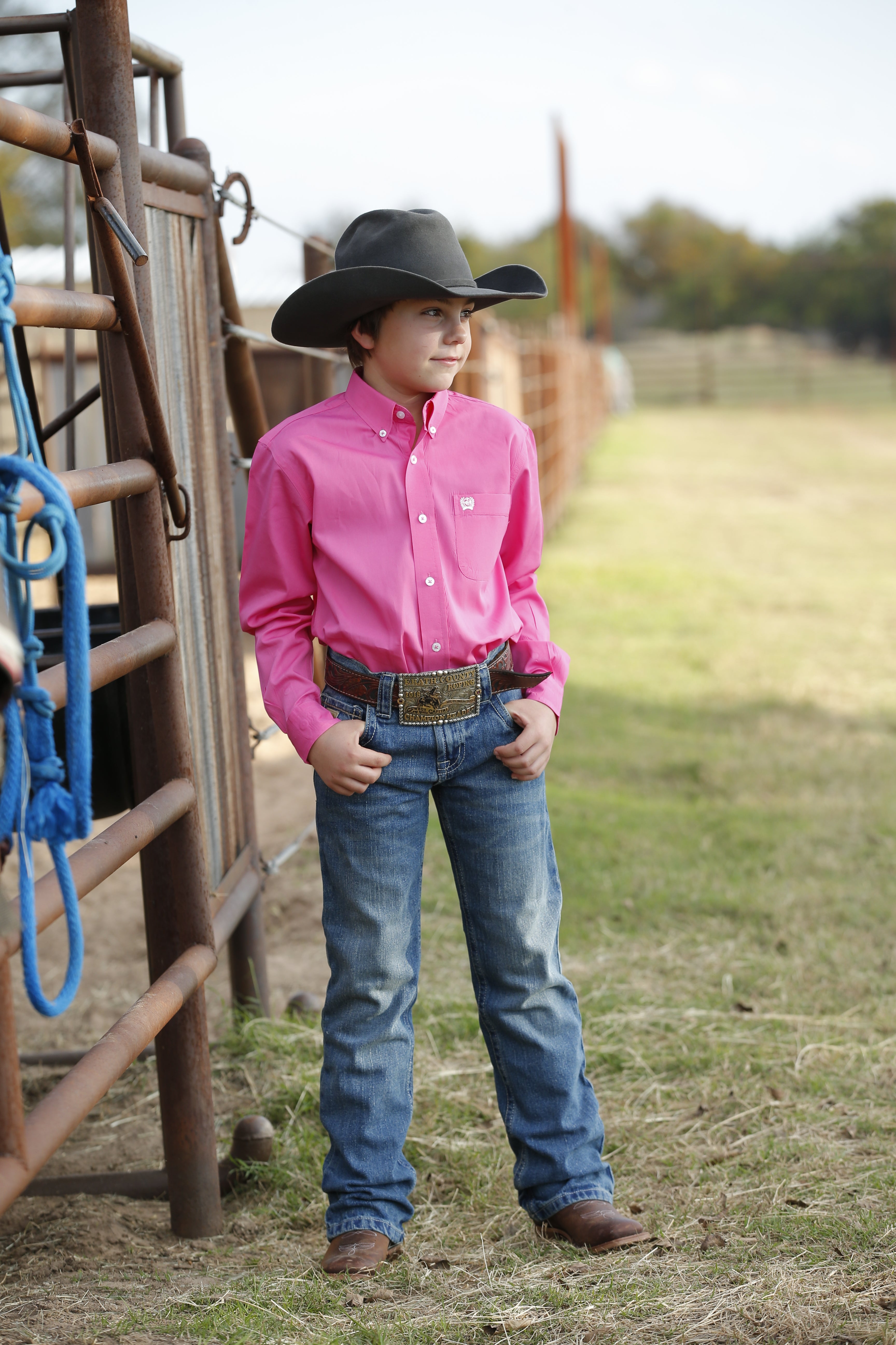 CINCH BOYS COTTON SOLID LONG SLEEVE Button Down Western Shirt in Pink