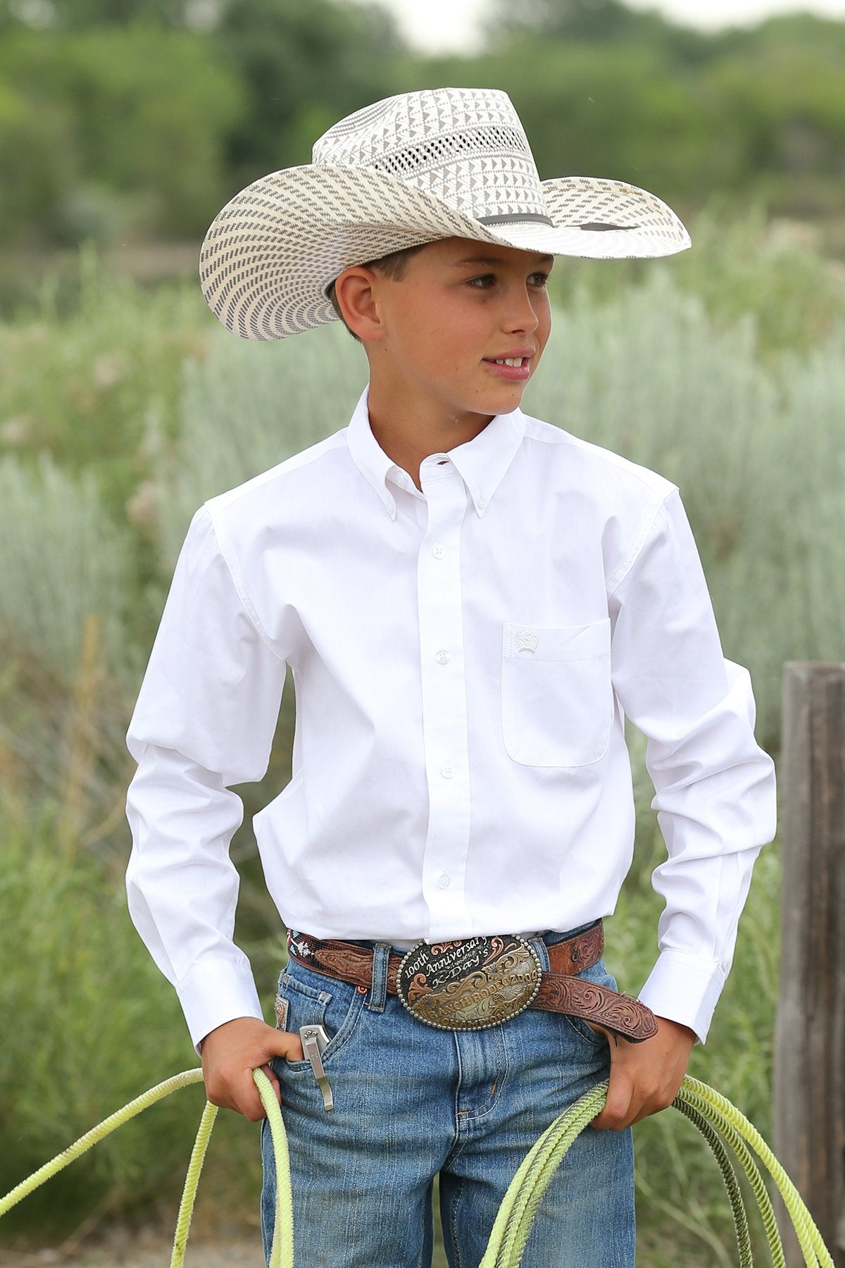 CINCH BOYS COTTON SOLID LONG SLEEVE Button Down Western Shirt in White