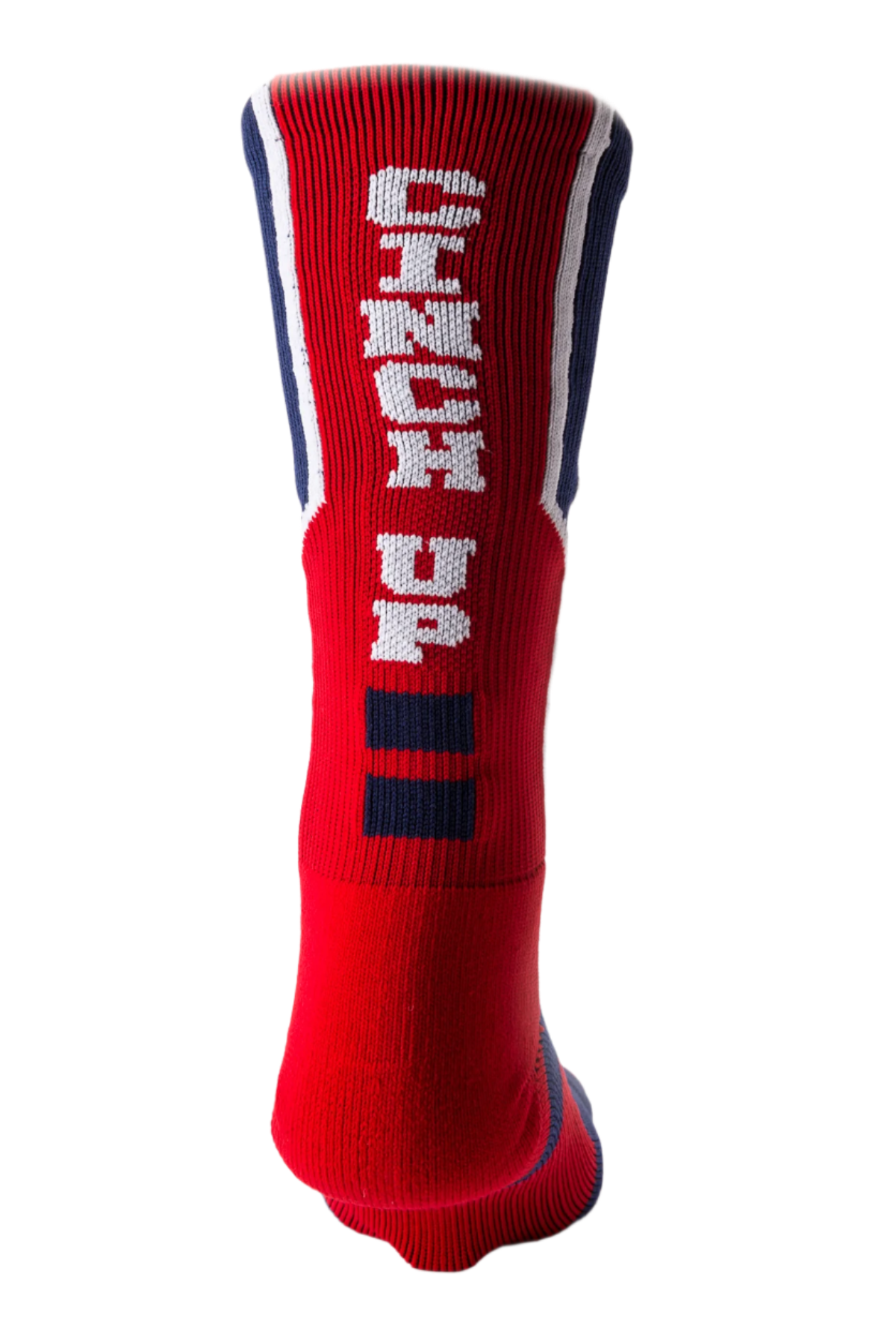 Back view of a pair of navy and red crew socks with a white logo