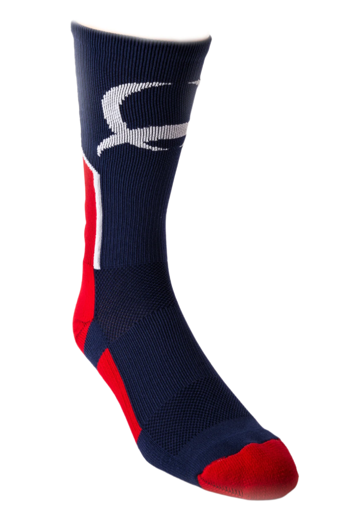 A pair of navy and red crew socks with a white logo