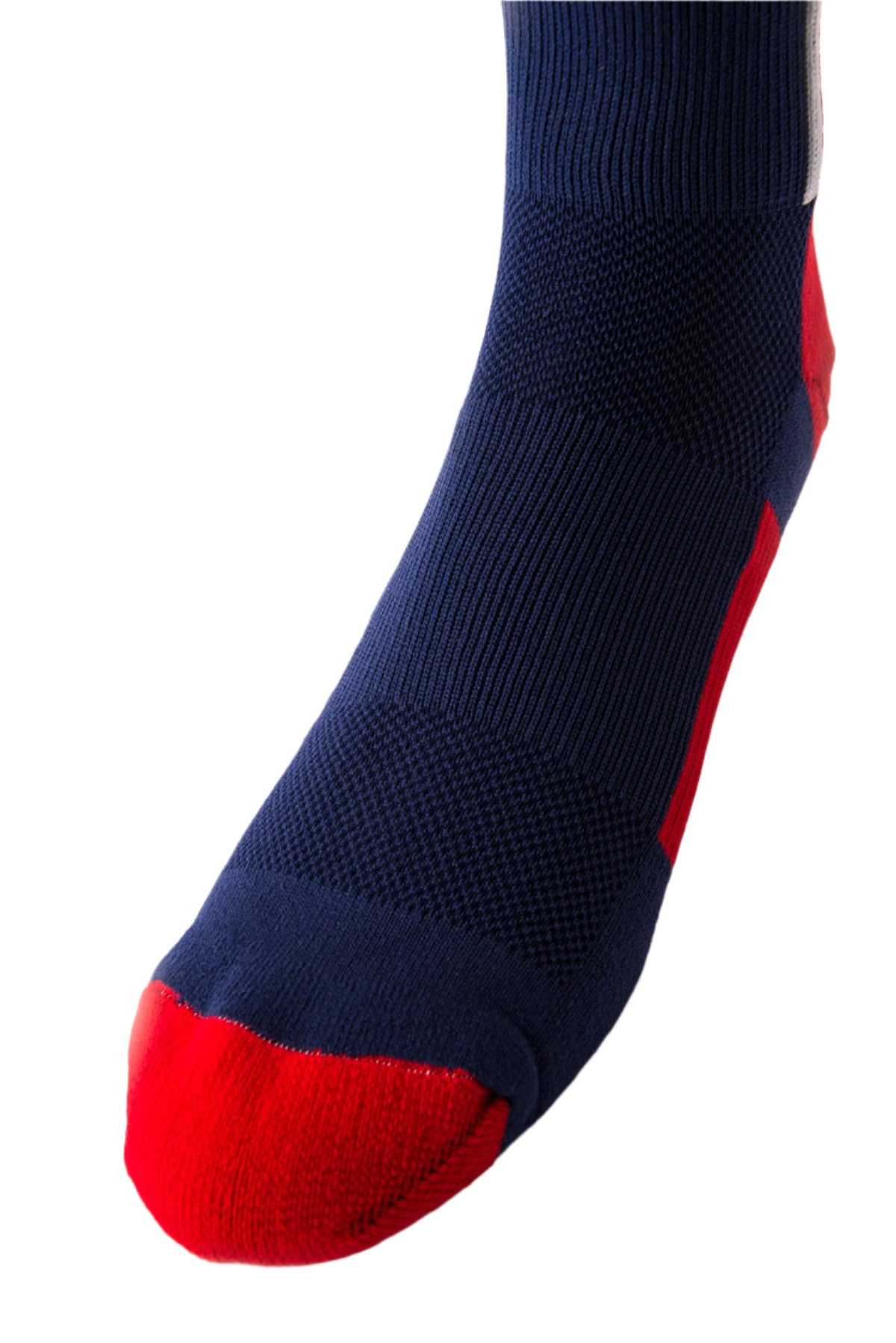 Toe-view of navy and red crew socks