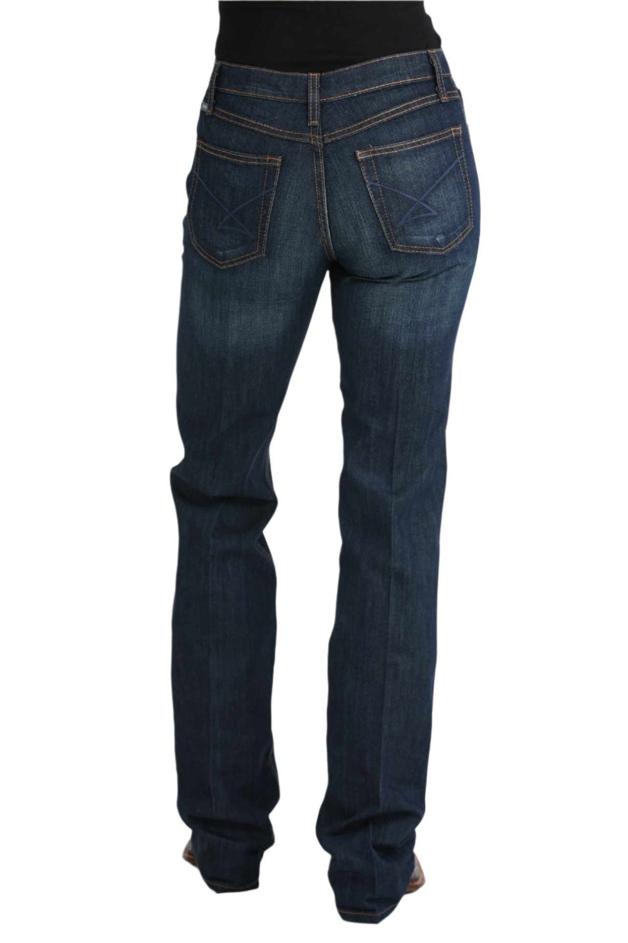Back view of dark blue jeans and boots