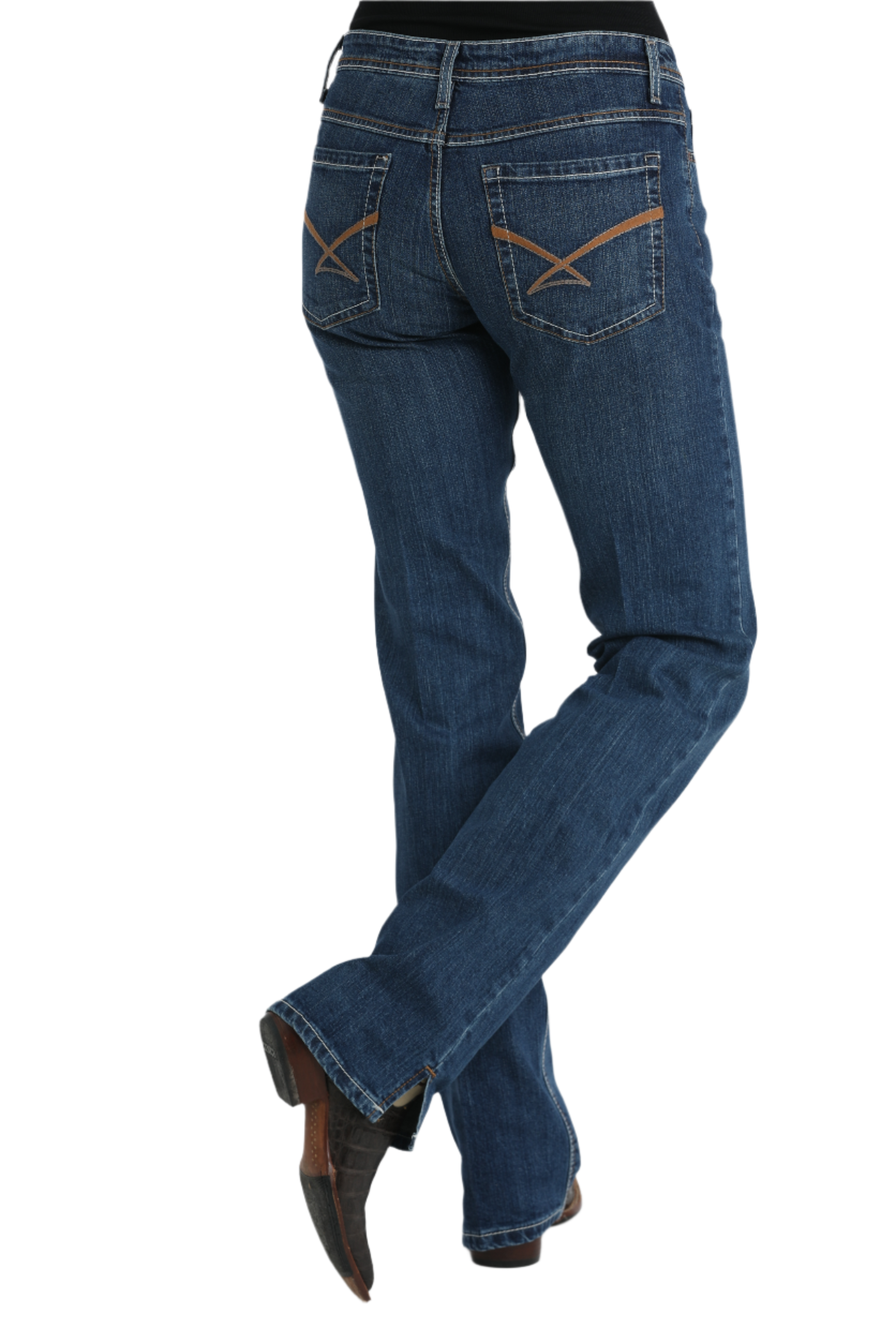 Back view of a woman wearing blue jeans with boots