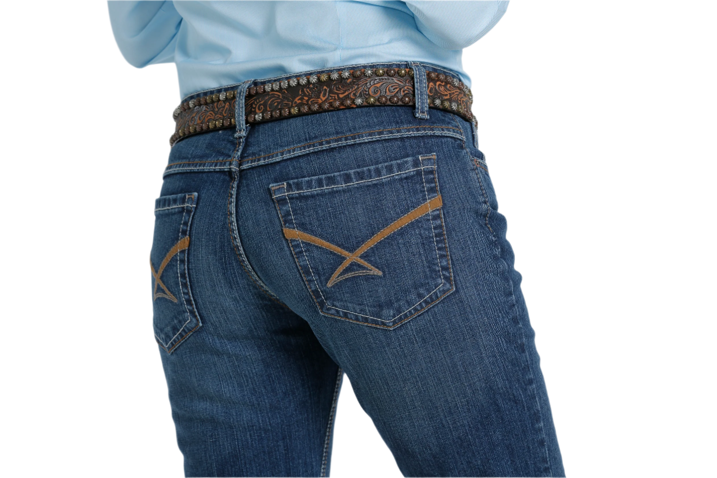 Close-up back view of a woman wearing blue jeans and a belt