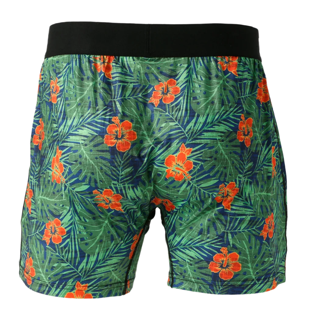 A pair of Cinch men's loose fit boxer briefs with a Hawaiian floral pattern, featuring a black waistband