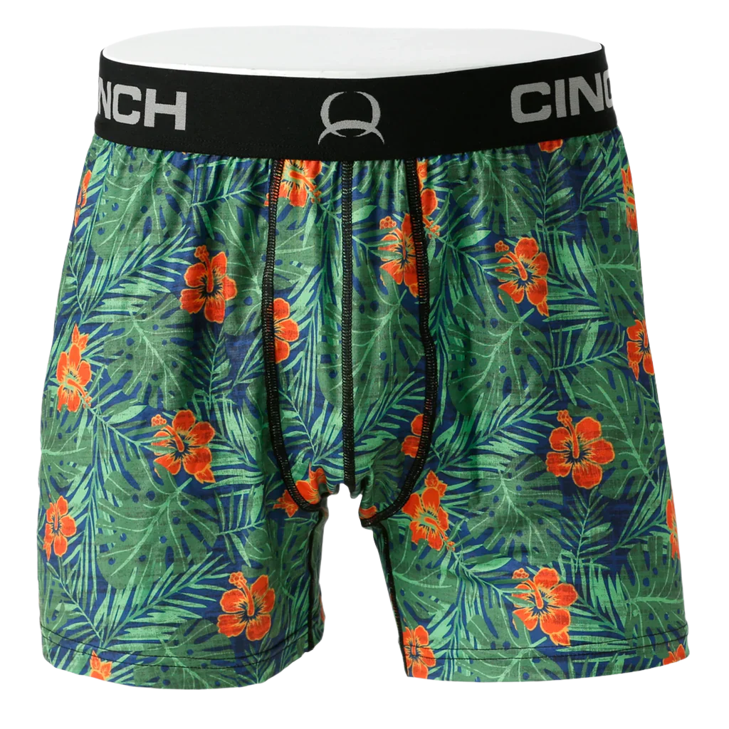 A pair of Cinch men's loose fit boxer briefs with a Hawaiian floral pattern, featuring a black waistband with the Cinch logo.