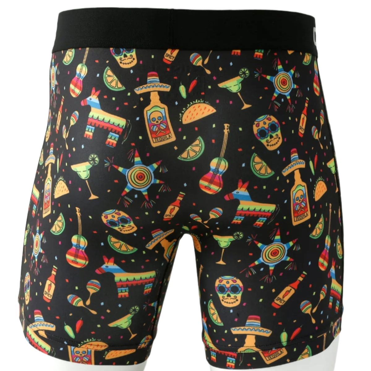 A pair of Cinch men's boxer briefs with a black base and multicolored rodeo-themed patterns, including guitars, hats, and boots.