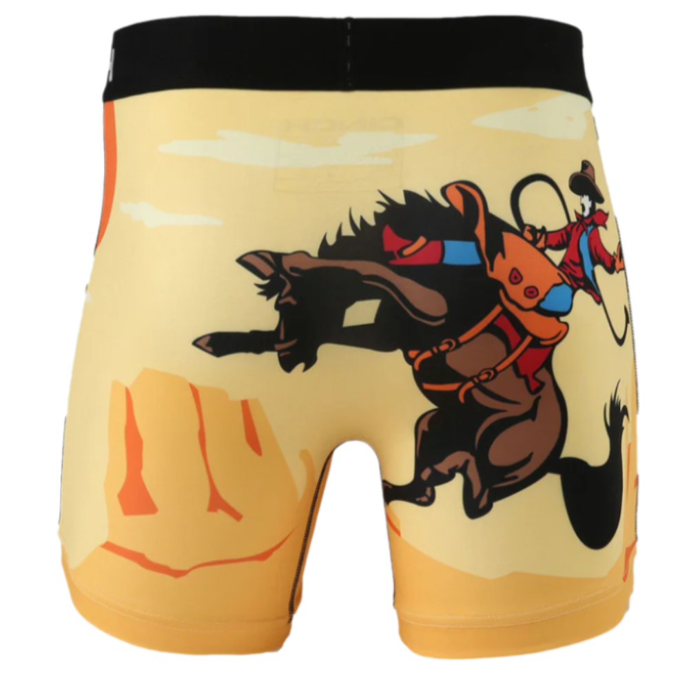 A pair of men's Cinch boxer briefs with a cowboy graphic on the back