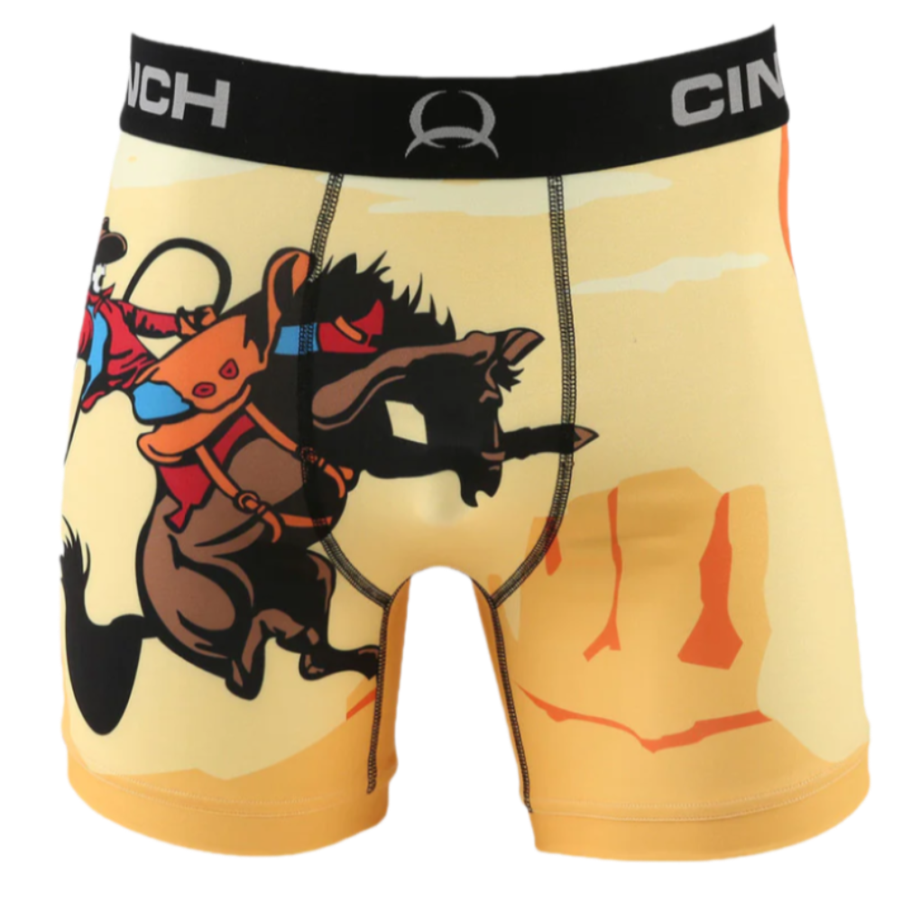 A pair of men's Cinch boxer briefs with a cowboy graphic on the front