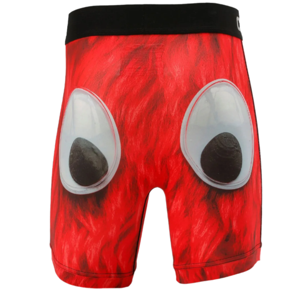 A pair of red Cinch men's boxer briefs with a white eye pattern on the back