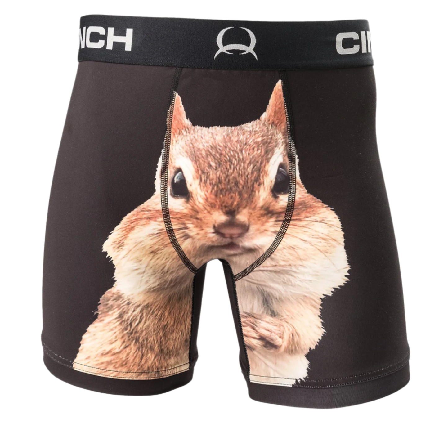 A pair of men's boxer briefs with a squirrel print on the front.