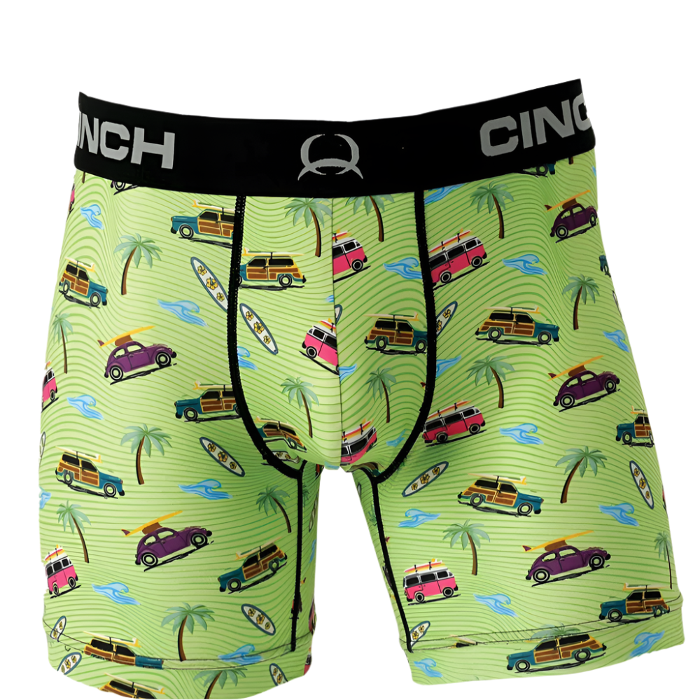 Cinch men's boxer briefs with a surfside theme, featuring a pattern with surfboards, cars, and palm trees in lime green.