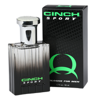 Cinch cologne for men in a black bottle and black packaging with green and white writing