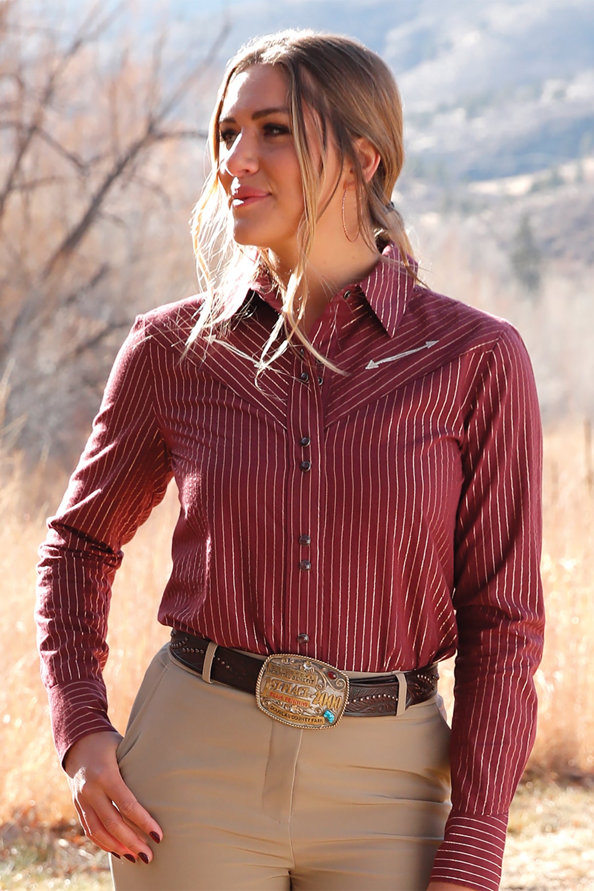 CRUEL WOMENS STRIPE SHIRT - BURGUNDY