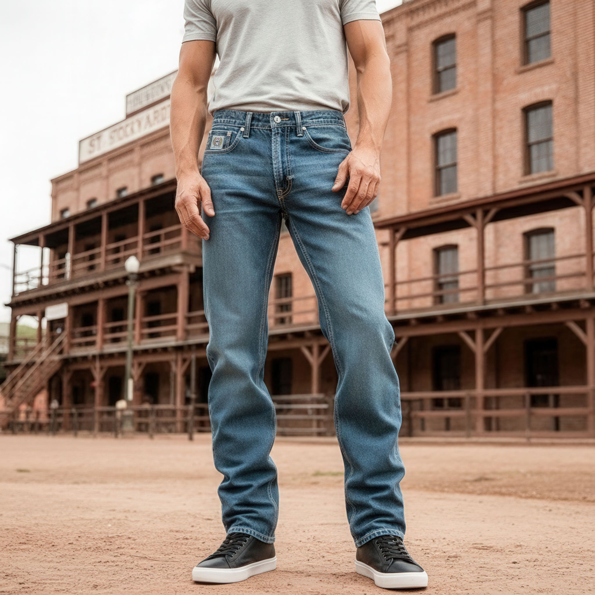 Lower half of a man standing outside in front of the stockyards, wearing jeans, a gray t-shirt and sneakers