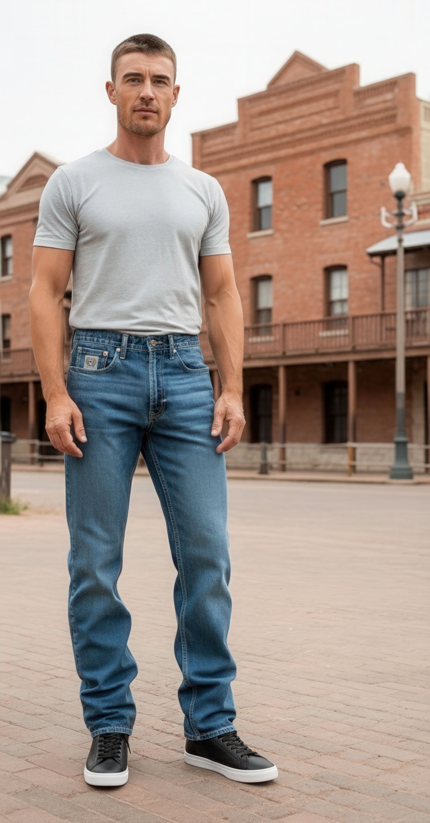 Man wearing a gray t-shirt and blue jeans standing on a wooden platform with brick buildings in the background.