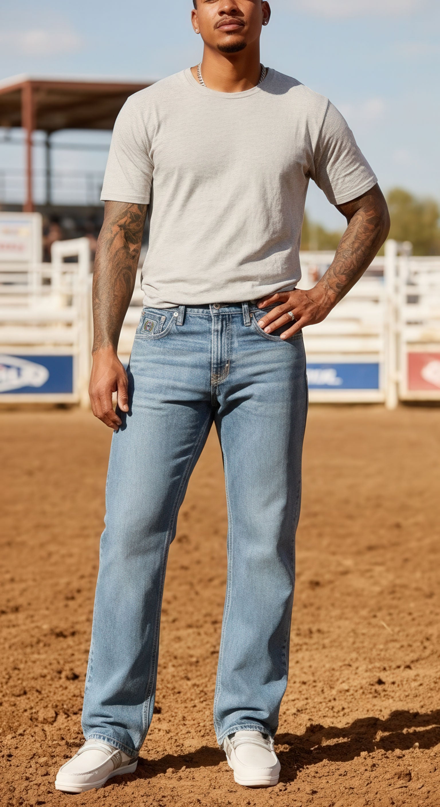 Man standing outside in a dirt arena wearing jeans, a gray t-shirt and white shoes