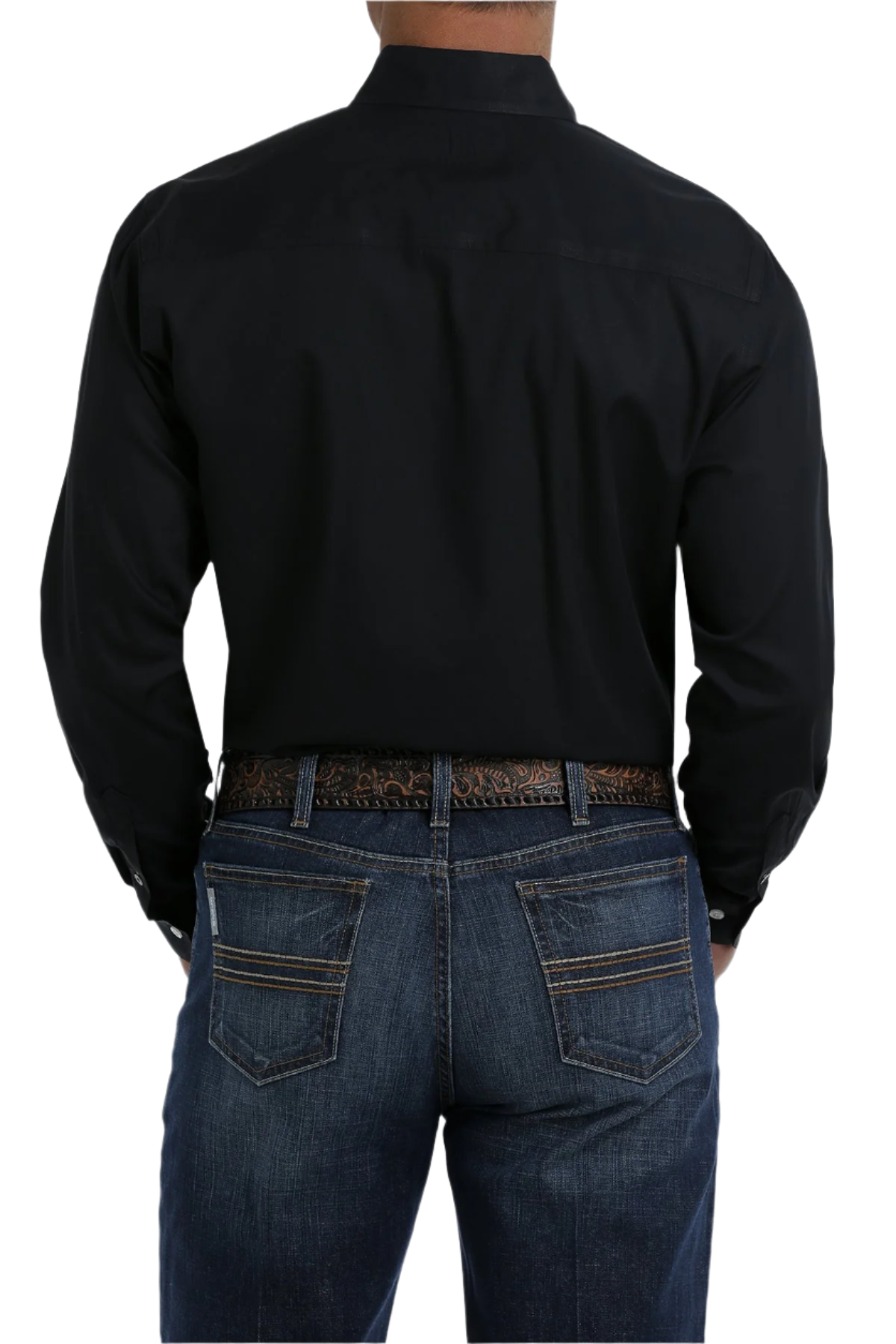 Back view of a man wearing a long sleeve black button-down shirt and blue jeans
