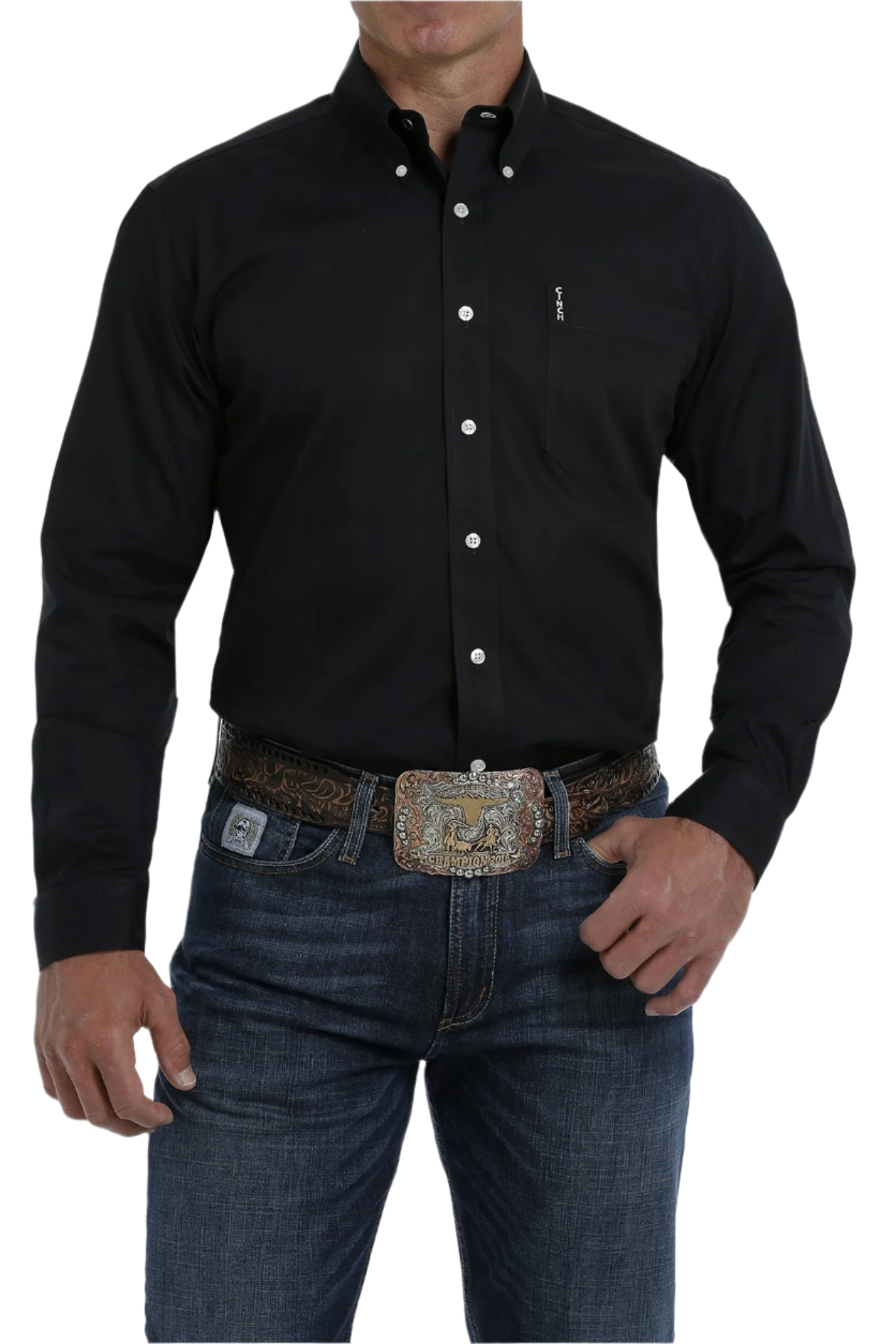 A man wearing a long sleeve black button-down shirt and blue jeans, with a Cinch logo.