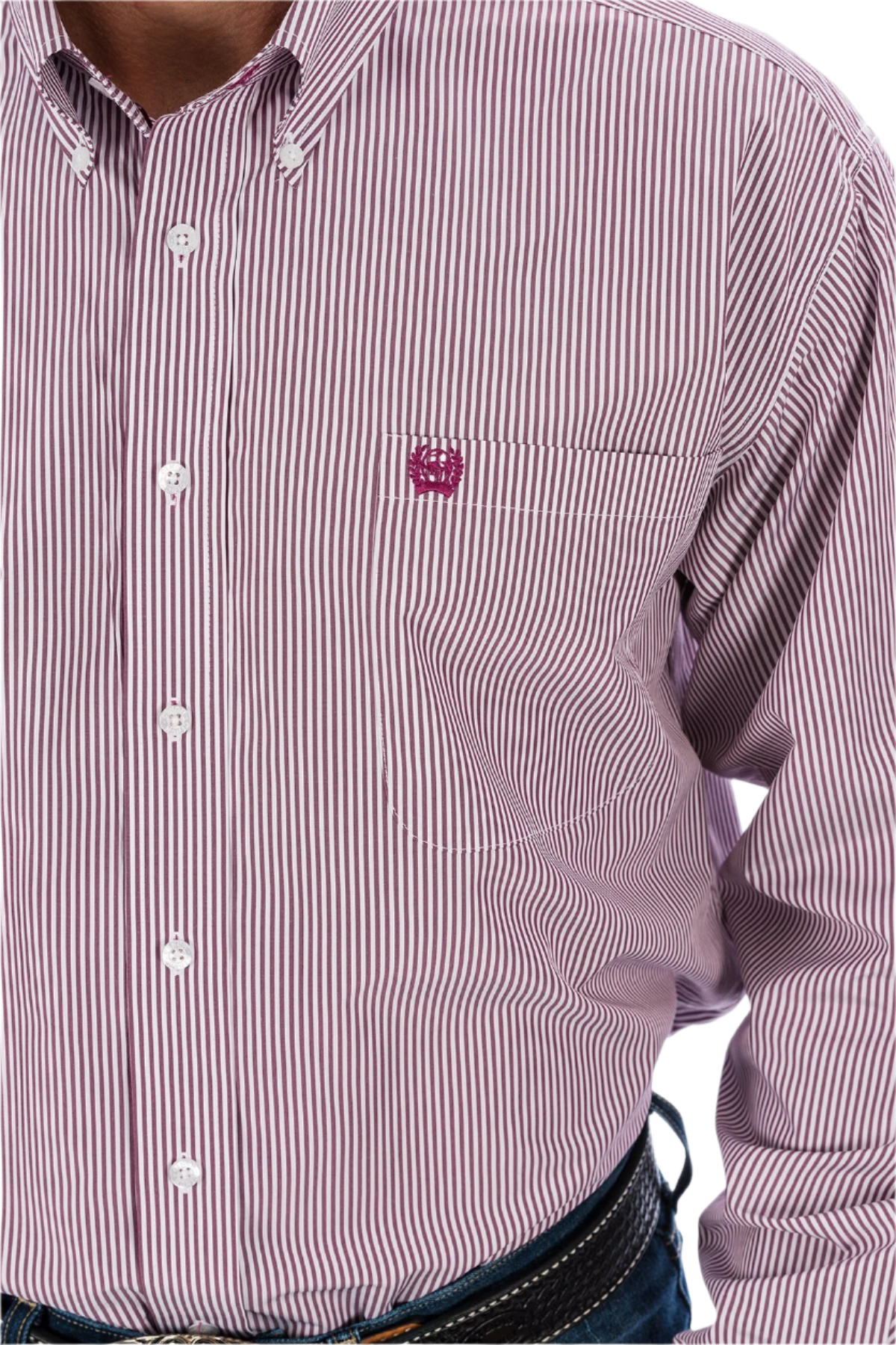 Close-up of a man wearing a long sleeve striped button-down shirt in burgundy