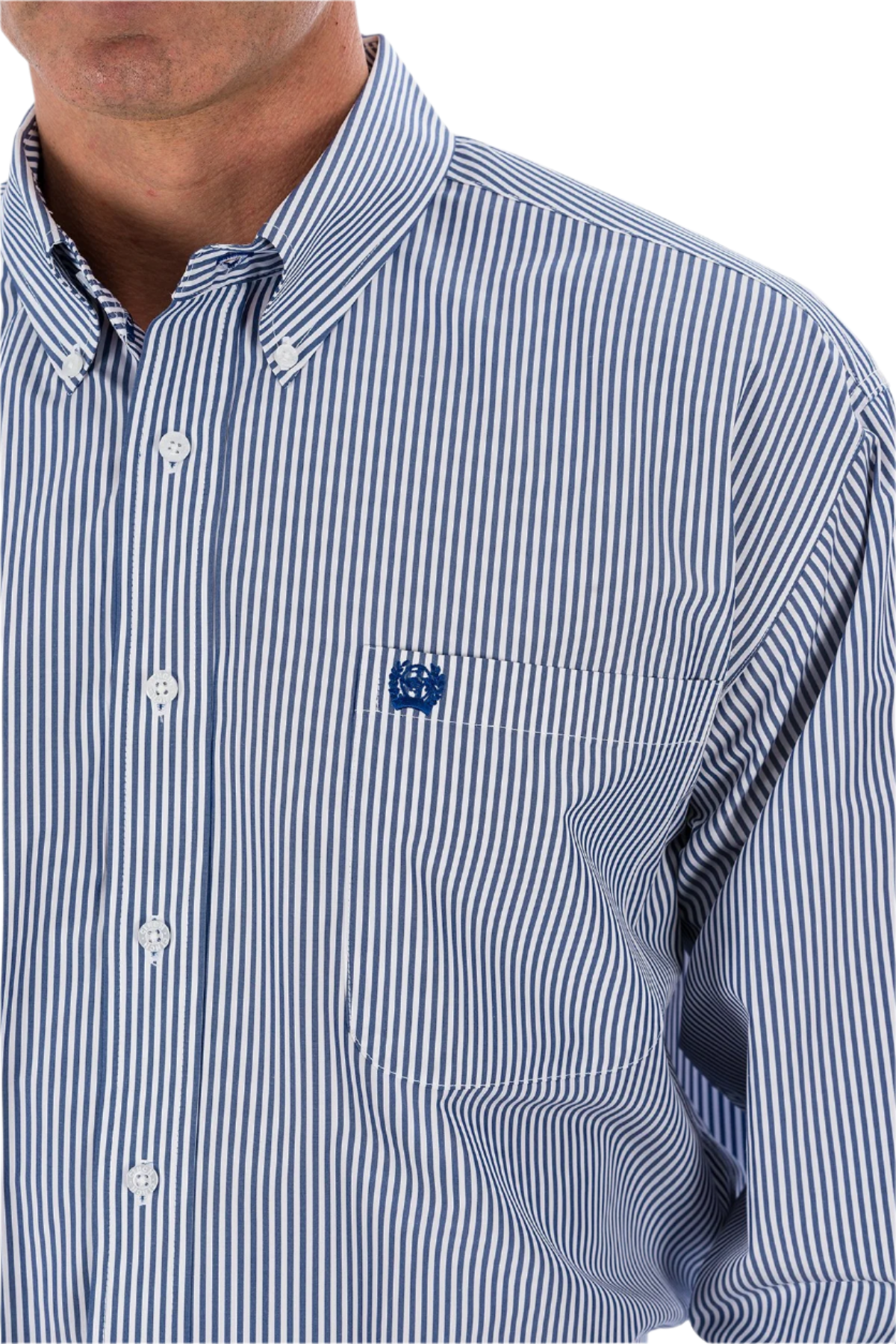 Close-up of a man wearing a long sleeve striped button-down shirt in blue and white, and an embroidered logo on the chest.