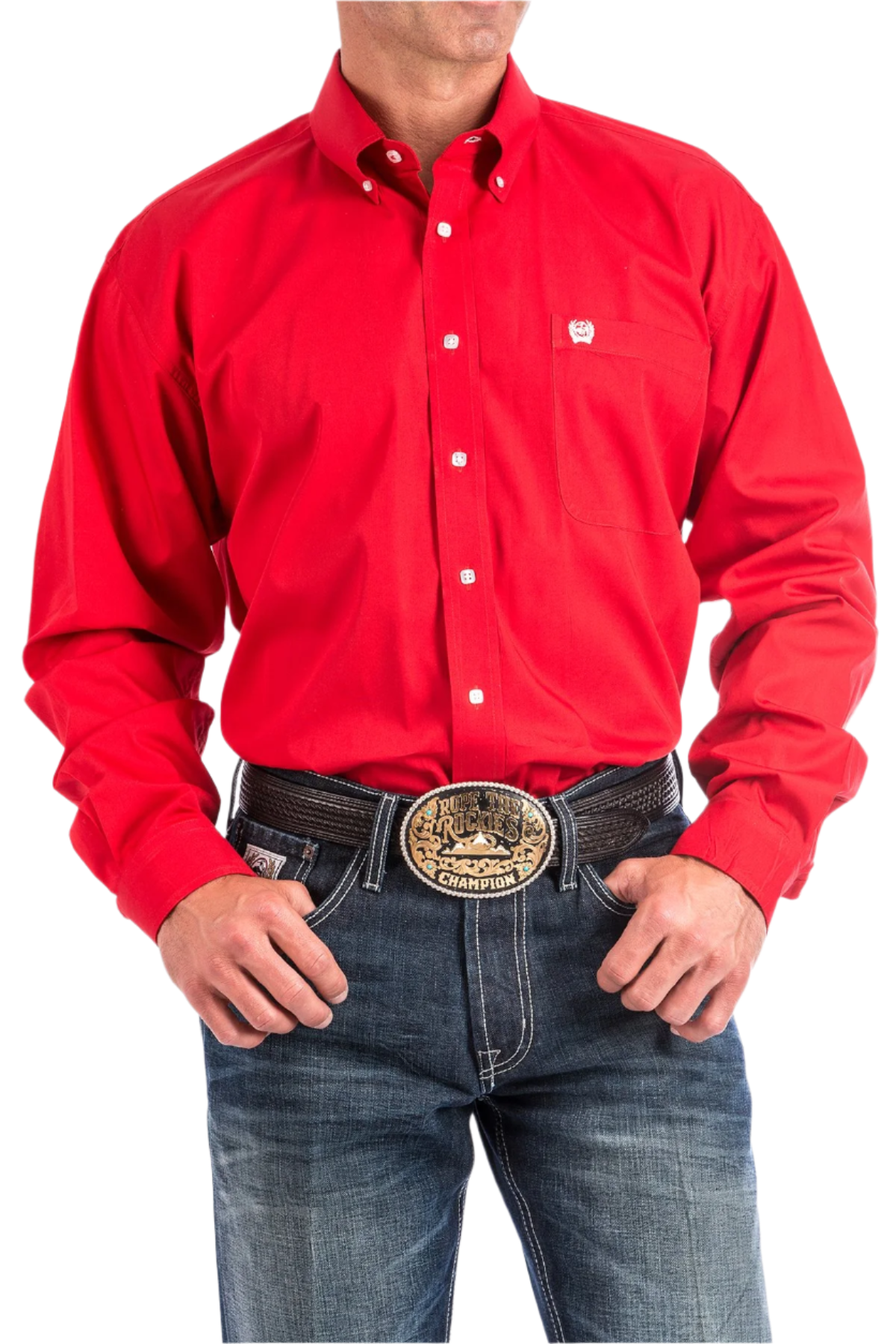 Man wearing a red button down shirt with jeans and a western belt