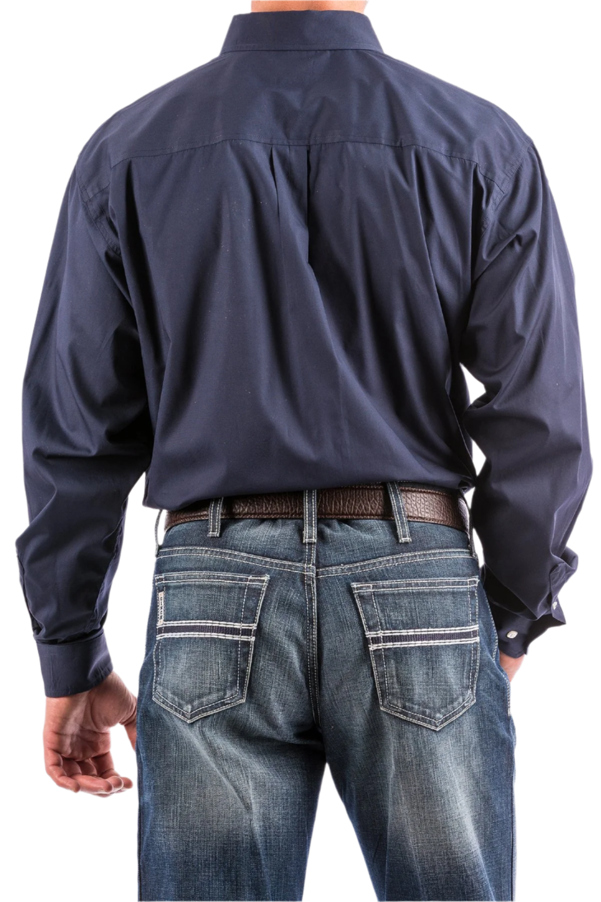 Back view of a man wearing a navy long sleeve button-down shirt and blue jeans, with a belt and buckle visible.