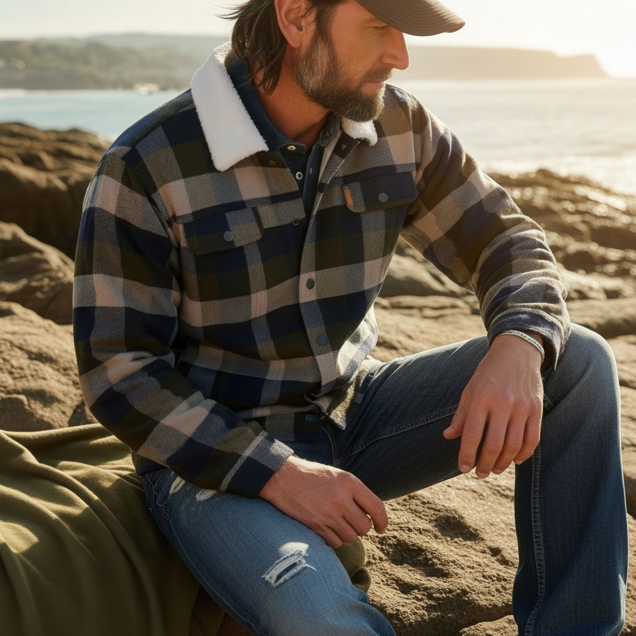 A man wearing a plaid sherpa-lined jacket and jeans sits on rocks near the ocean, looking down with a calm expression